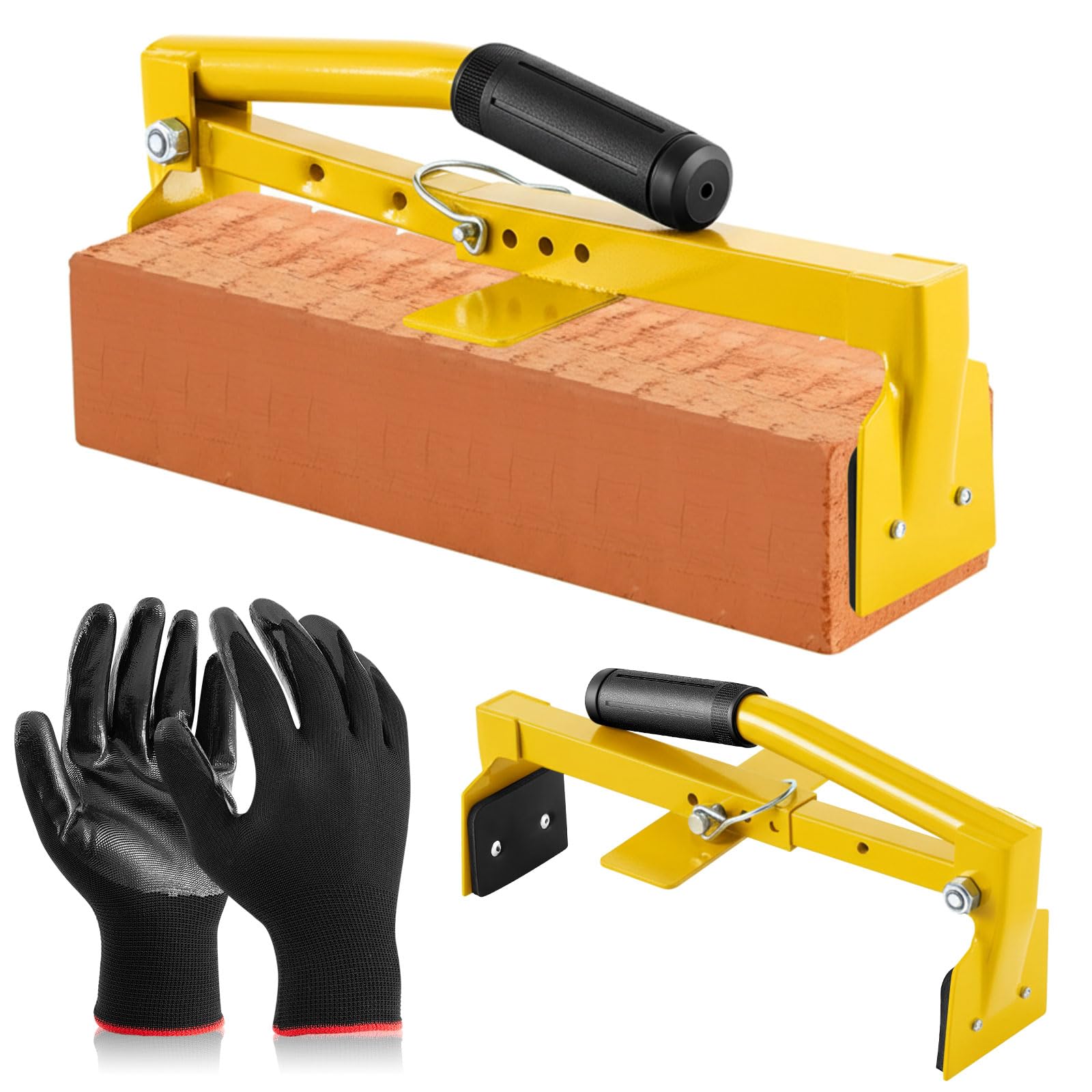Set di pinze per mattoni resistenti regolabili con manico in gomma e guanti da lavoro, regolabili da 22 a 35 cm, per sollevamento mattoni, trasporto (giallo)