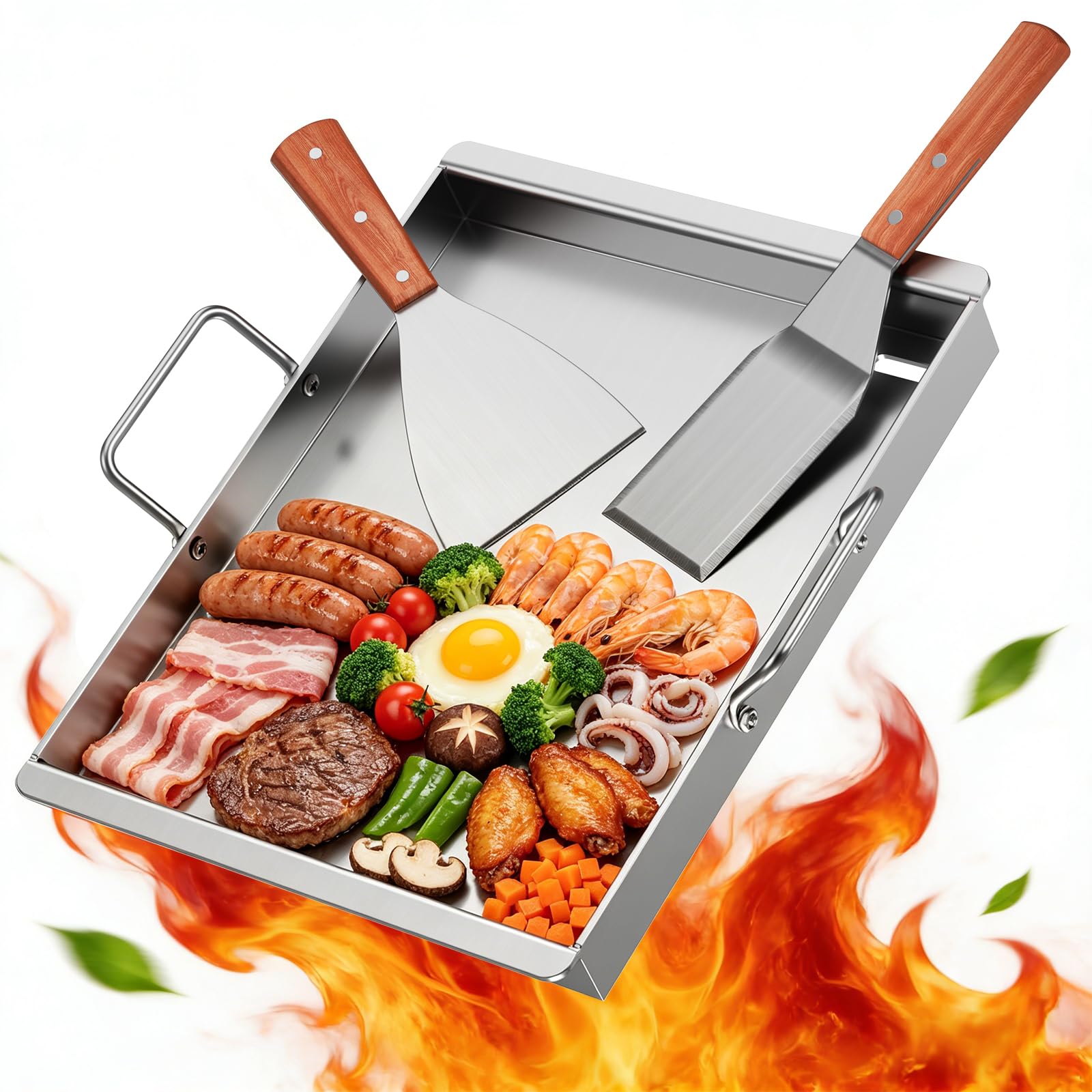 Piastra per barbecue in acciaio inox, 40 x 30 x 4 cm, con 2 manici in legno resistenti al calore, spatola con beccuccio per grasso integrato, piastra da 4 mm di spessore, per barbecue