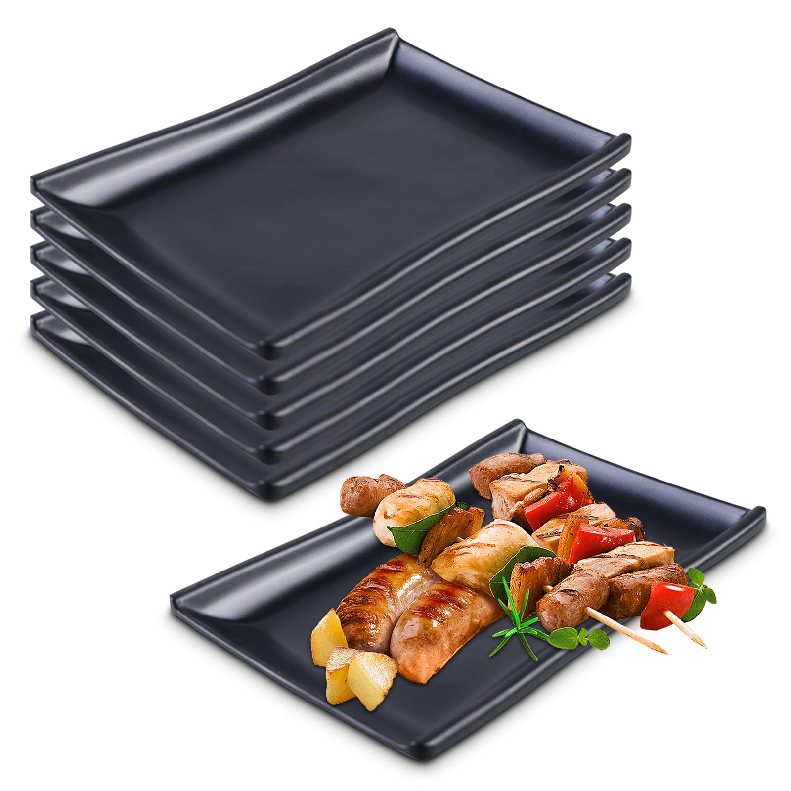 Sporgo 6 Stück Schwarz Teller Set: Servierplatte 19,3x12,7cm Vorspeisen Teller, Mezzeteller Dessertteller, Rechteckig Snackteller, für Dessert, Sushi, Antipasti, Salat, Kuchen Küche, Haushalt & Wohnen