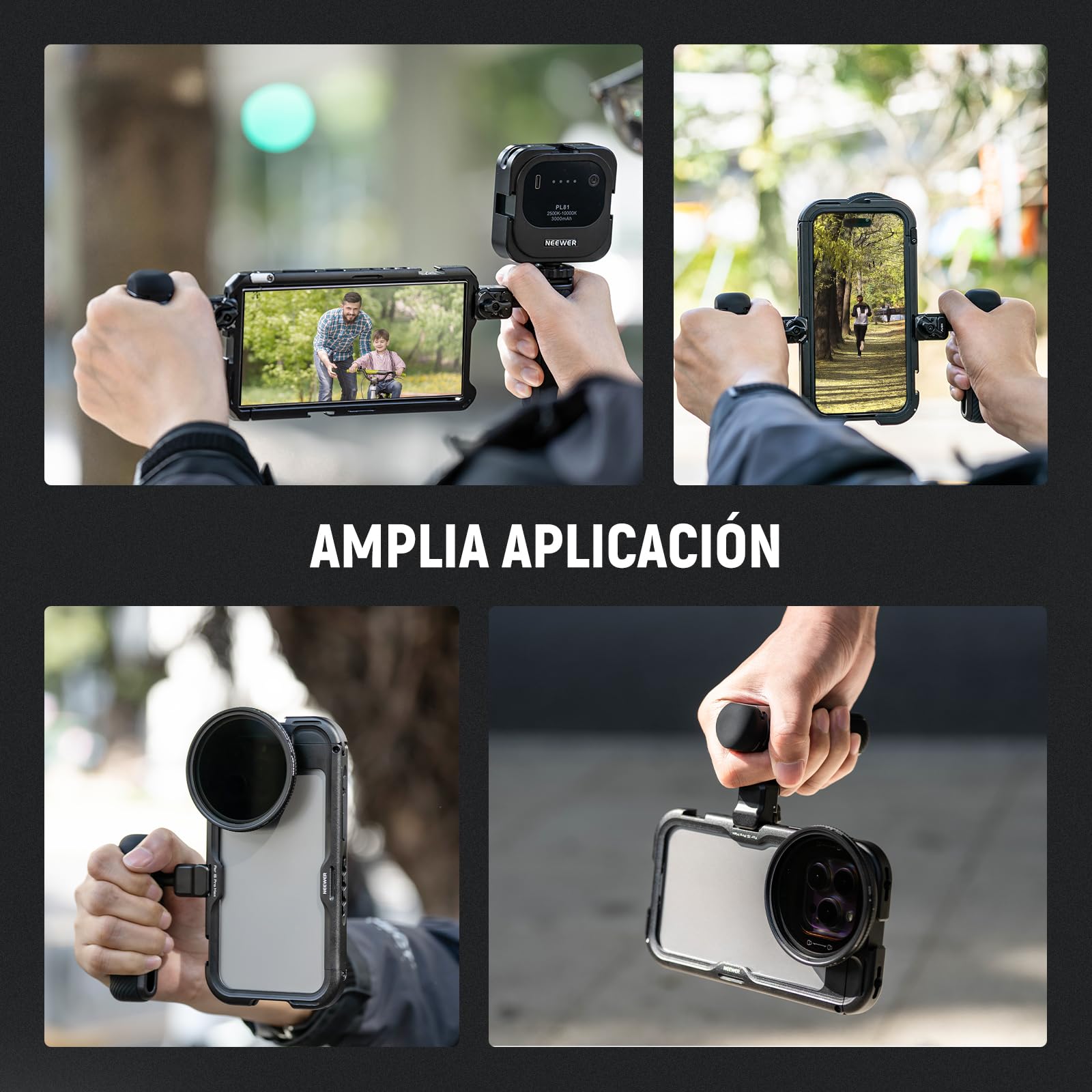 NEEWER Manija Lateral Liberación Rápida para Jaula Teléfono PA073 PA074 para iPhone 16 Pro/16 Pro MAX, PA042 para Samsung S24 Ultra, con Zapata Fría Cubierta, Anti Off Pin, Cerradura Negra, PA045B