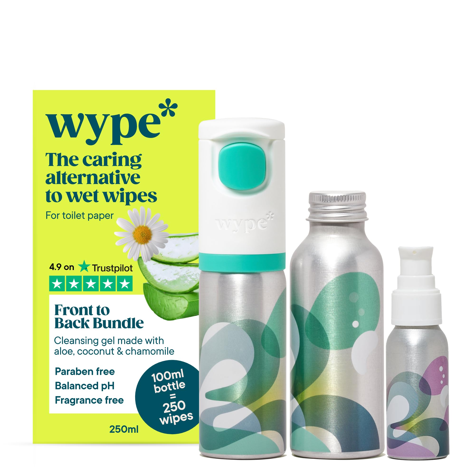 Wype | Front To Back Bundle | Contains Starter Kit & Refill and Viva La V | Toilet Roll Gel | Wet Wipe Alternative | COSMOS Organic | 1 x Applicator, 2 x Refills (100ml), Viva 50ml | 700 Wipes