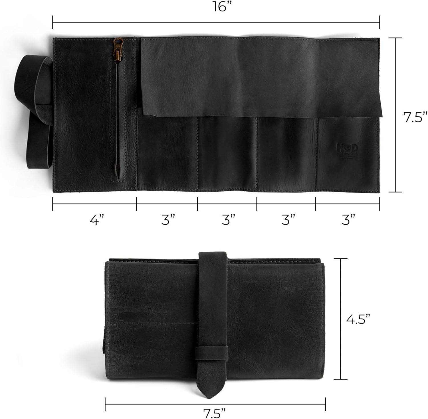 Hide & Drink, Watch Roll Organizer with Zippered Pouch, Easy Carry On Watchlover Storage, Travel Essentials Gift, Full Grain Leather, Handmade (Charcoal Black)