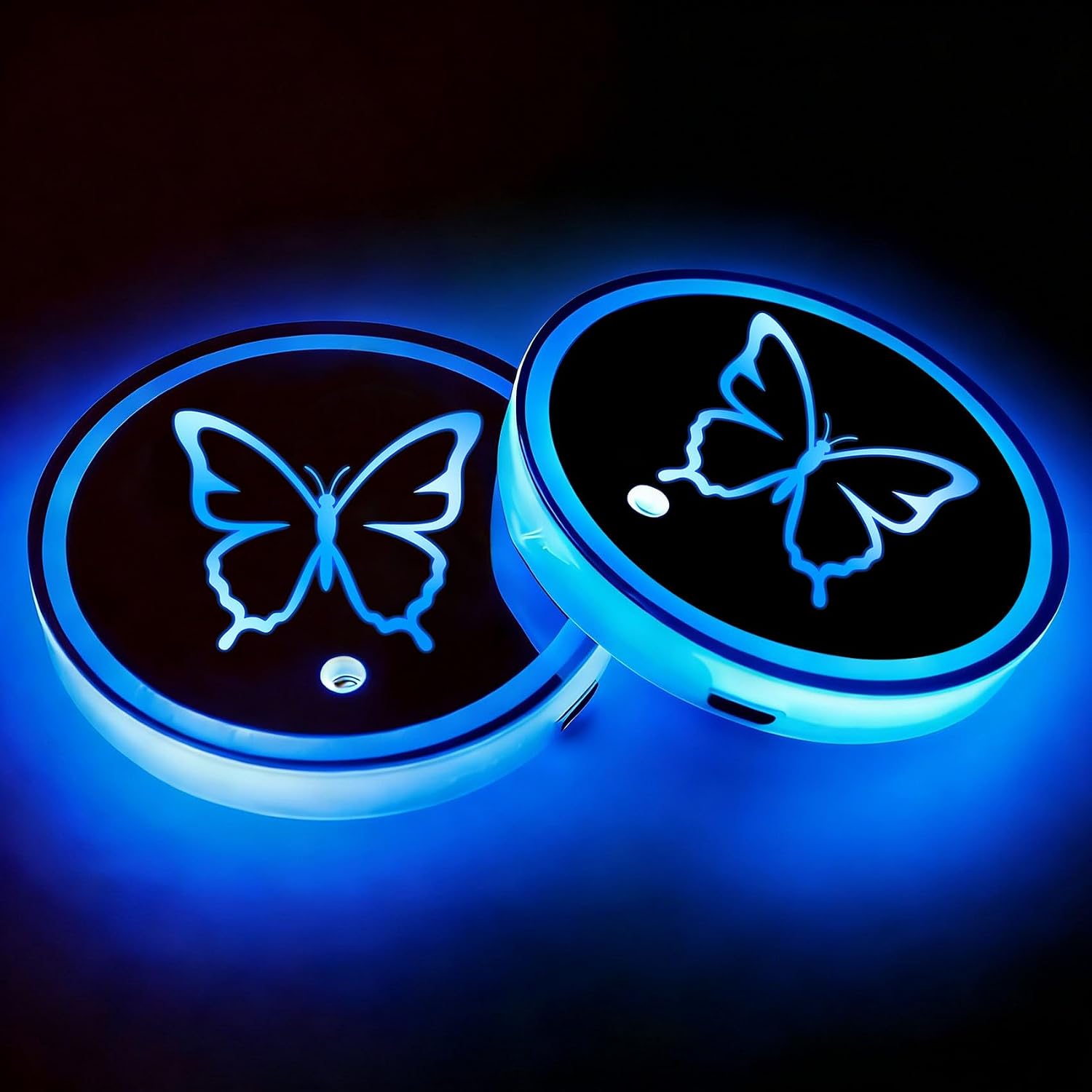 2Pcs Butterfly LED Car Cup Holder Coasters 7 Colors 3 Modes Lights Up Cups