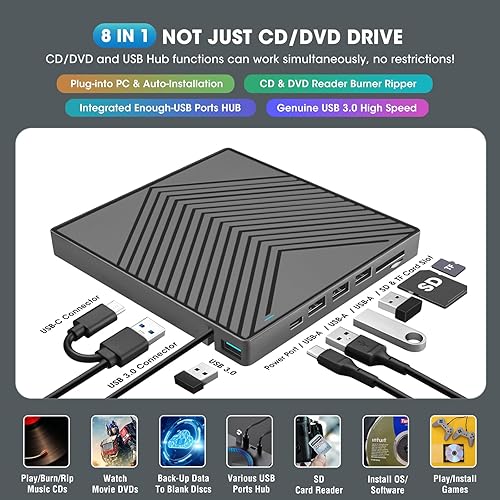 Miniatura 17 de ROOFULL Reproductor externo de unidad de CD y DVD, grabadora de CD USB 3.0 con estuche de transporte, lector de disco óptico portátil DVD+/-RW