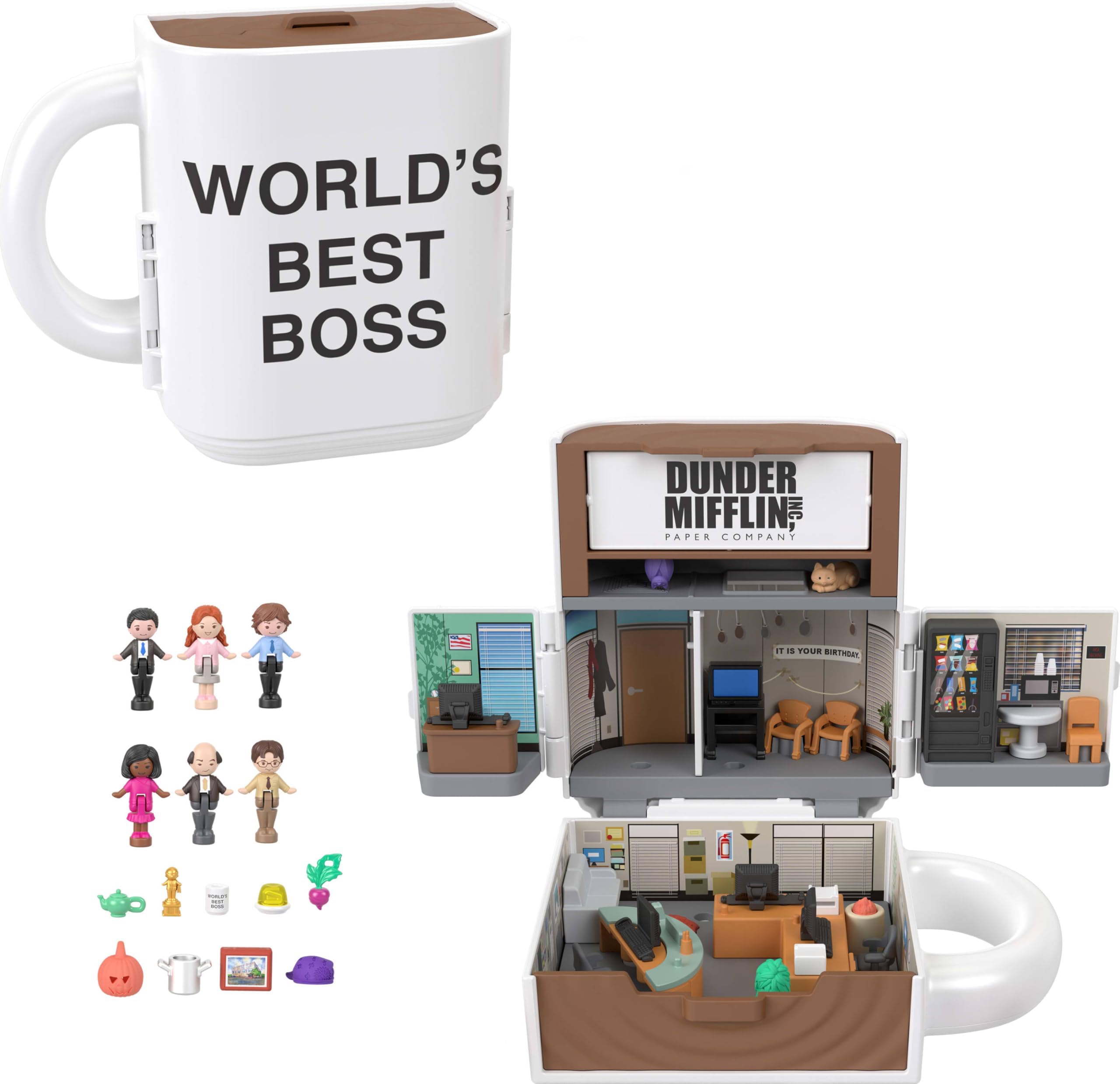 Polly Pocket x The Office Compact Playset with 6 Character Dolls and 9 Accessories, Collectible Partnership Toy, Coffee Mug, Outer Packaging