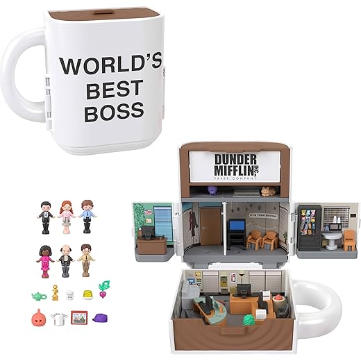 Polly Pocket x The Office Compact Playset 6 Character Dolls and 9 Accessories, Collectible Partnership Toy, Coffee Mug Exterior