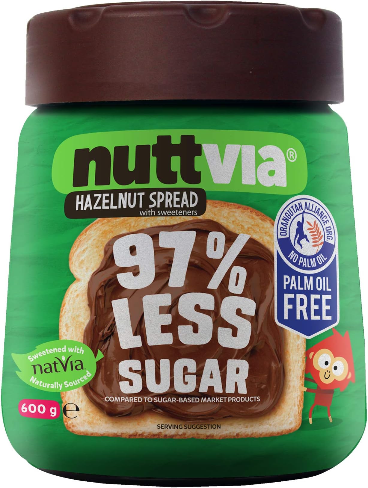 Nuttvia Chocolate and Hazelnut Spread โ Delicious & Palm Oil Free with Natural Sweeteners โ 97% Less Sugar (600g Jar)