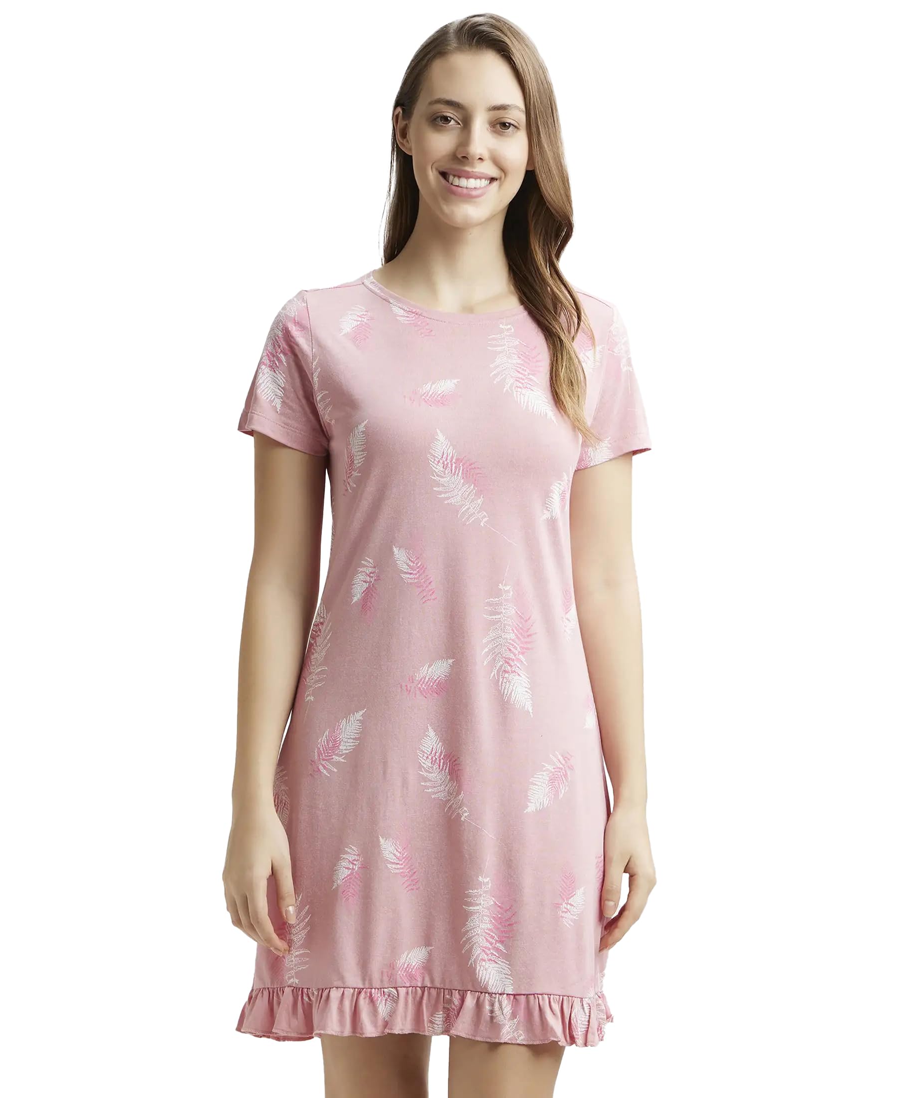 JockeyRX25 Women's Micro Modal Cotton Ruffled Hem Styled Half Sleeve Printed Sleep Dress Mini Nightdress (Colors & Prints May Vary)