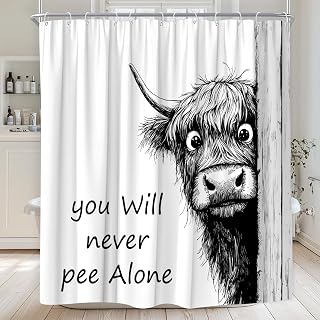 Funny Black White Highland Cow Farmhouse Rustic Shower Curtain 70"Wx70"H | Cute Western Cattle Grey Farm Animal Polyester Fabric Bath Decor Curtain With Hook