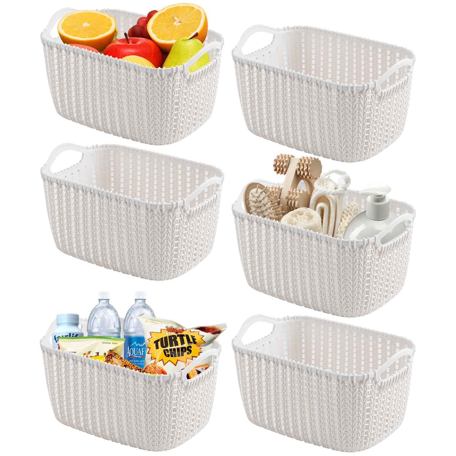 Toiatot 6 Piezas Cestas Almacenaje de Plastico, Cajas Organizadora Tejidas con Asas, Cestas Organizadoras Apilables para Cocina, Baño, Armarios, Oficina, Salón, Blanco
