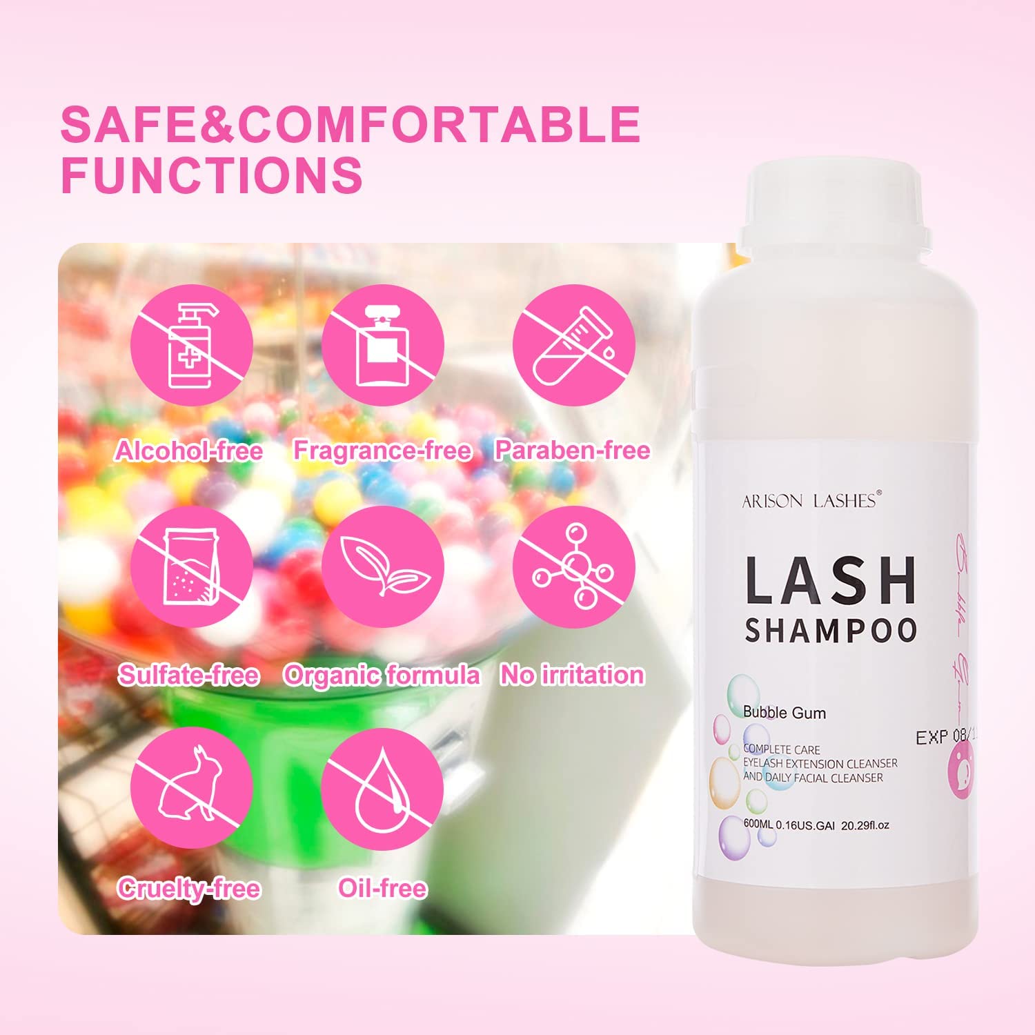 Shampoing Cils Mousse 600ml Mousse pour paupières/nettoyant pour la Maison et le Salon, Lash Shampoo Eyelash Extension Cleanser(Bubble Gum)