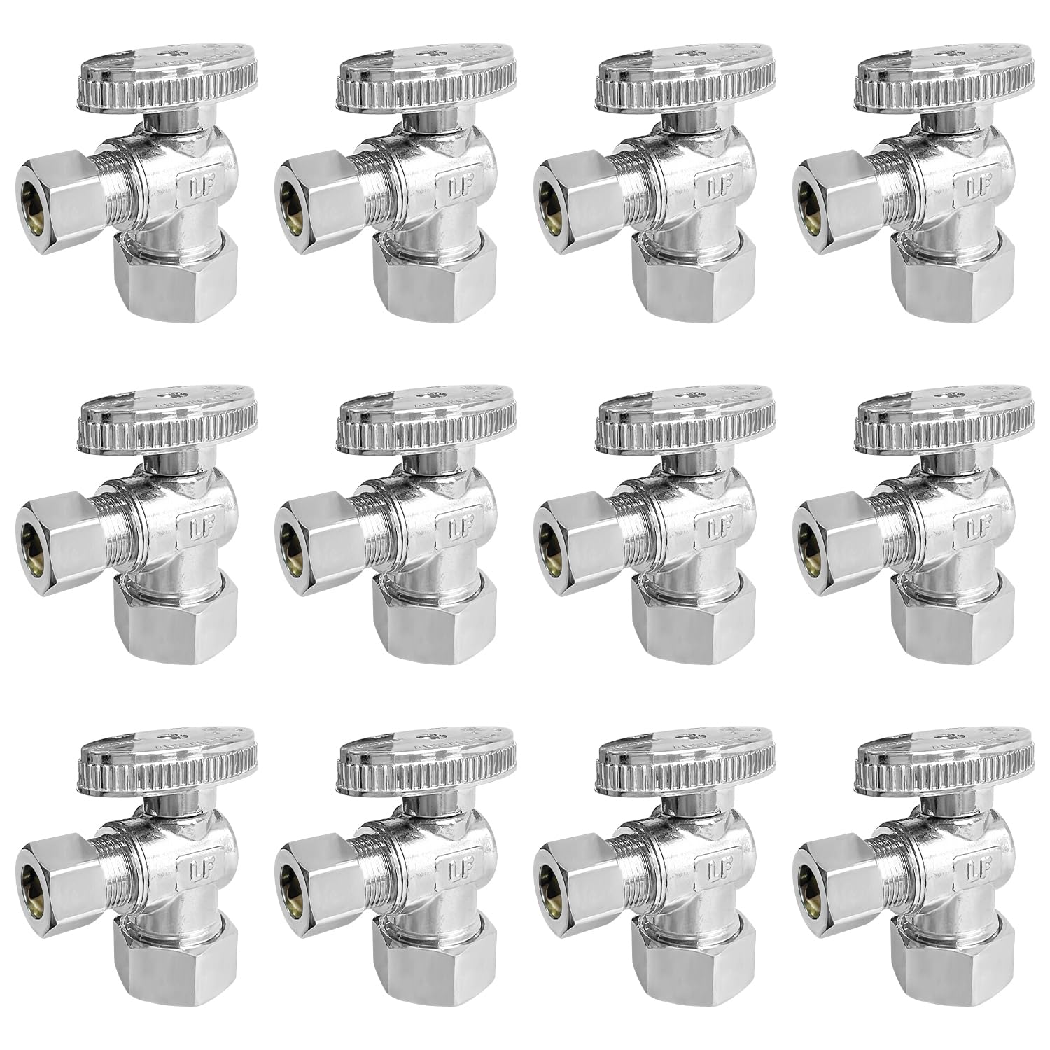 SUNGATOR 12-Pack Angle Stop Valve, 1/2" Nominal (5/8" OD) Compression Inlet x 3/8" OD Compression Outlet, 1/4 Turn Chrome Plated Brass Shut Off Valve for Toilet and Faucet, UPC Certified