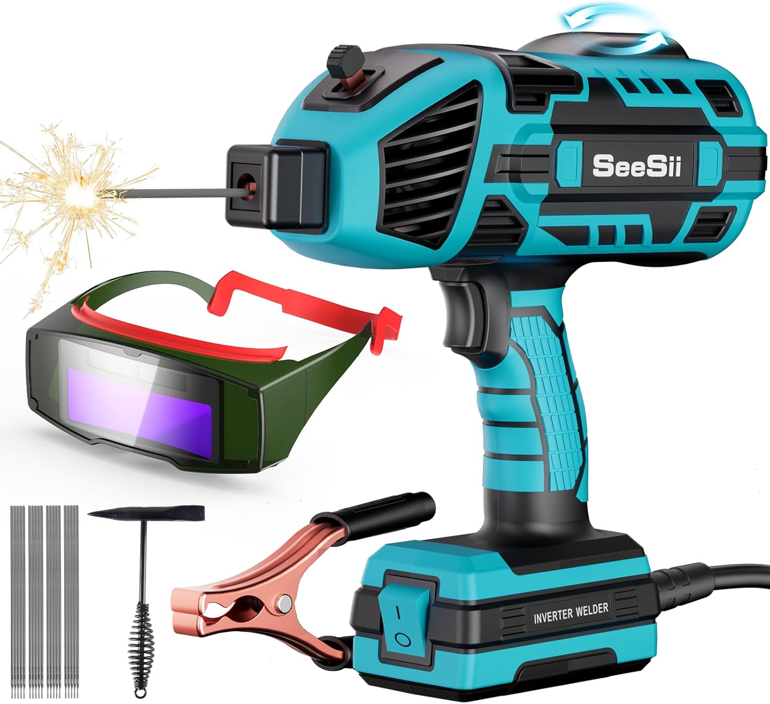 Seesii Handheld Welder,110V 120A Portable Welding Machine with True Color Auto Darkening Welding Goggles and Welding Chipping Hammer, Suitable for 3/64″-1/8″ Welding Rods, Portable ARC Welder Gun