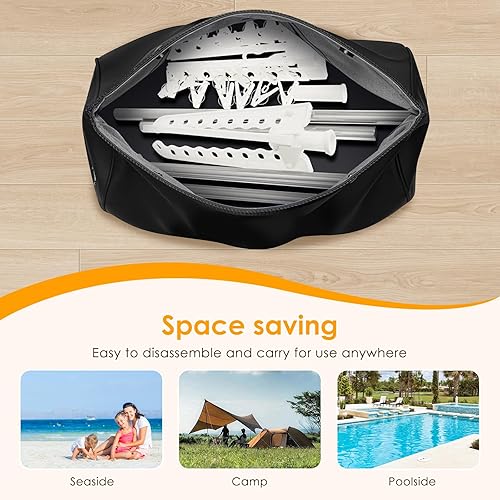 Miniatura 7 de Estante de secado de ropa de 2 niveles, soporte de secado de ropa plegable de 56 pulgadas con 3 brazos giratorios, 24 clips, estante portátil para