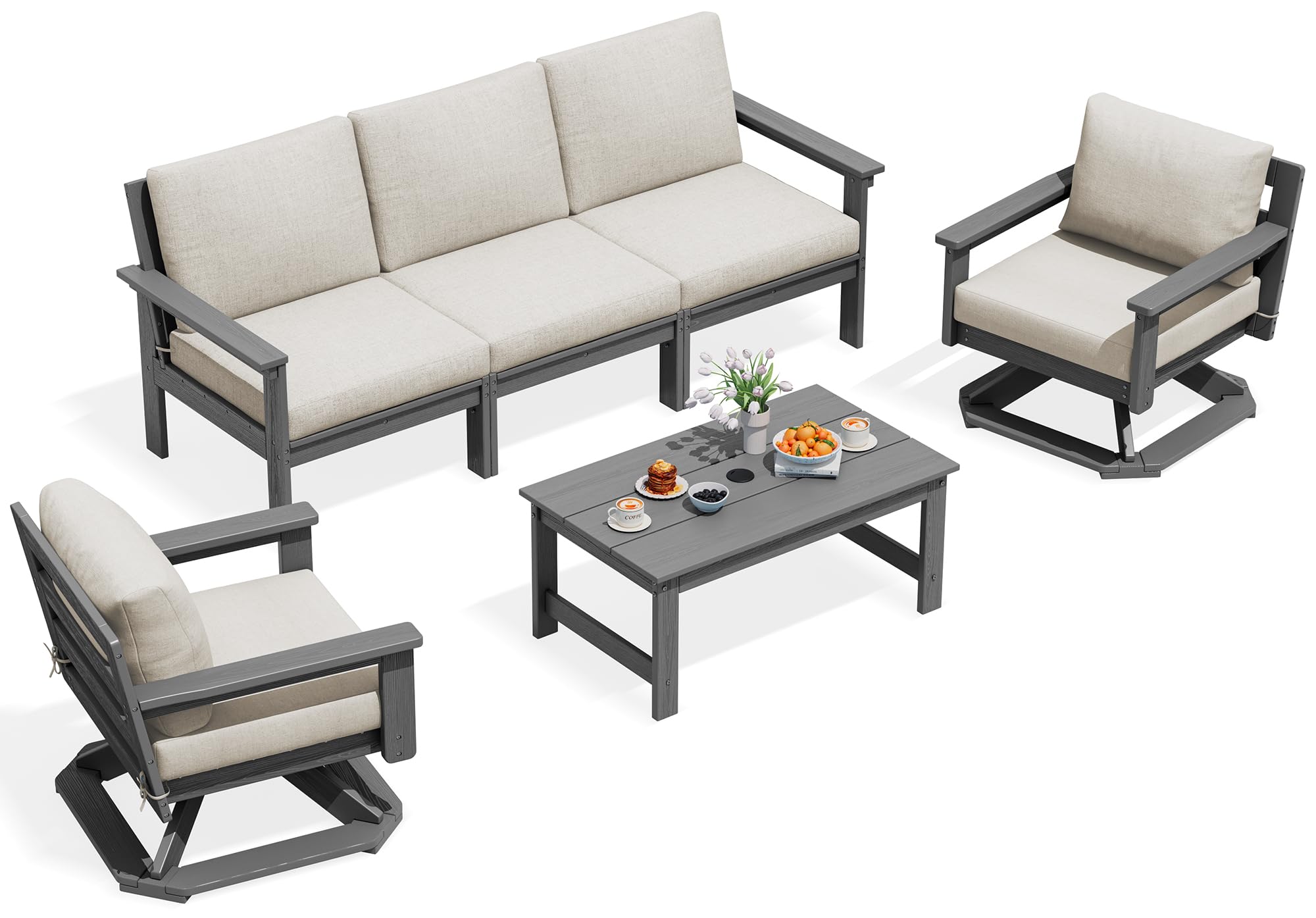 SERWALL 6-Piece Outdoor Furniture Set, 2 Swivel Chairs &amp; 3-Seat Sofa