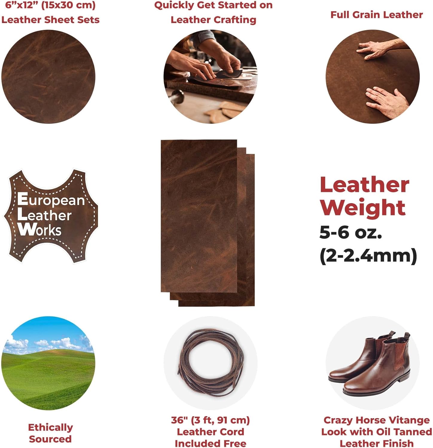 ELW 5-6 oz (2-2.4mm) Bourbon Brown Full Grain Leather Craft Sheets Set of 3 Pieces 6"x12" Plus 36” Leather Cord Braiding String, Oil Tanned Real Cowhide for Tooling, Carving, Repair, Knife Sheaths