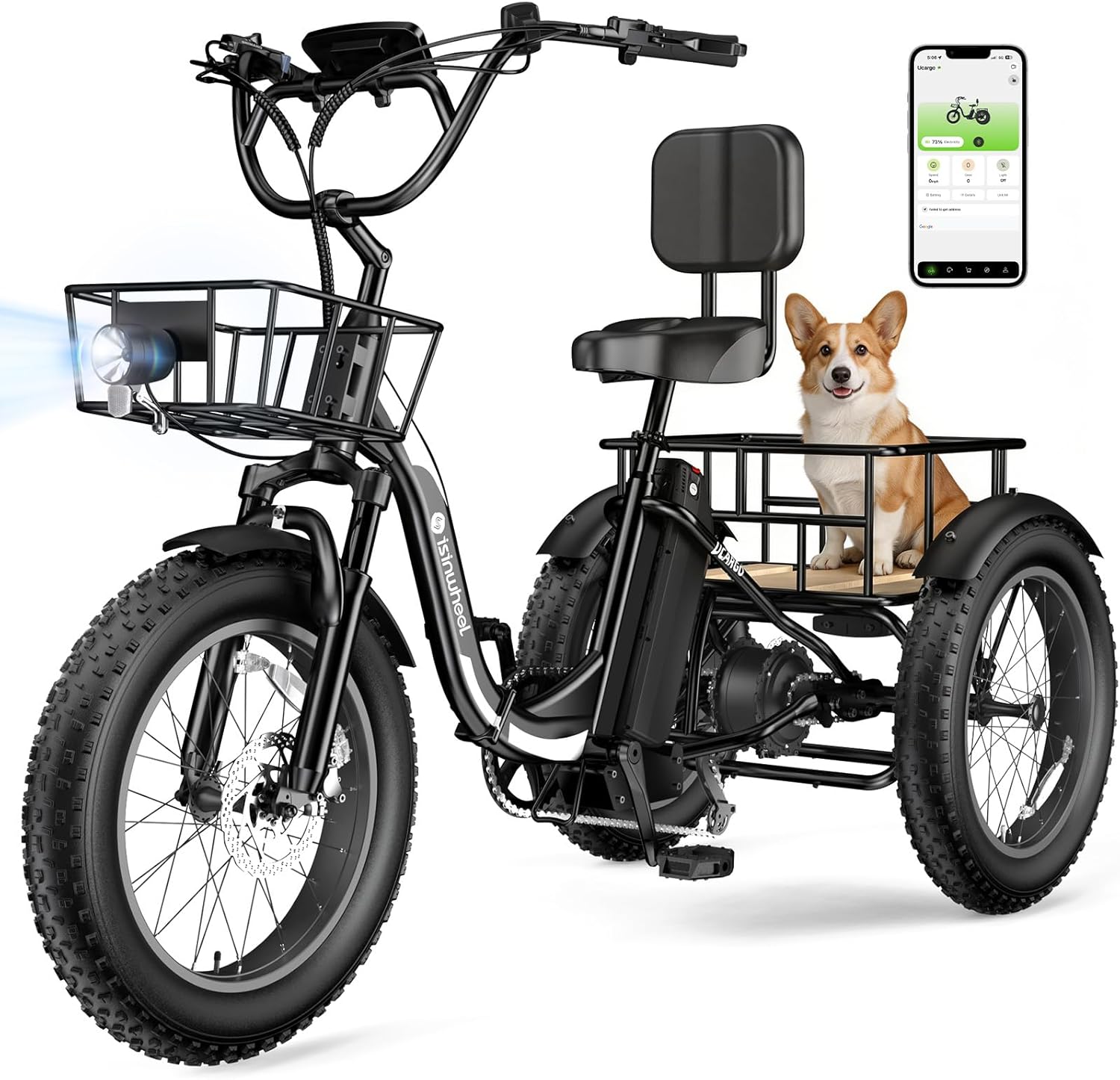 Ucargo Electric Tricycle for Adults with Large Baskets, 1500W Motor, Long Range 80 Miles, Fat Tire Electric Bike with Differential, Smart APP, GPS Location (iOS Compatible), Front Suspension