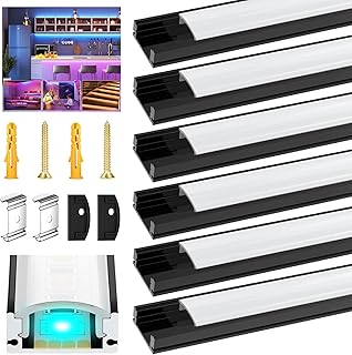 LED Alu Profil Schwarz, 6er Pack U-Form Aluminium Profil für LED Streifen mit Milchiger Abdeckung, 1M Aluminiumleiste für Einbau & Aufputz, LED Schiene für Unterbauleuchte Küche, Schrank, Wand