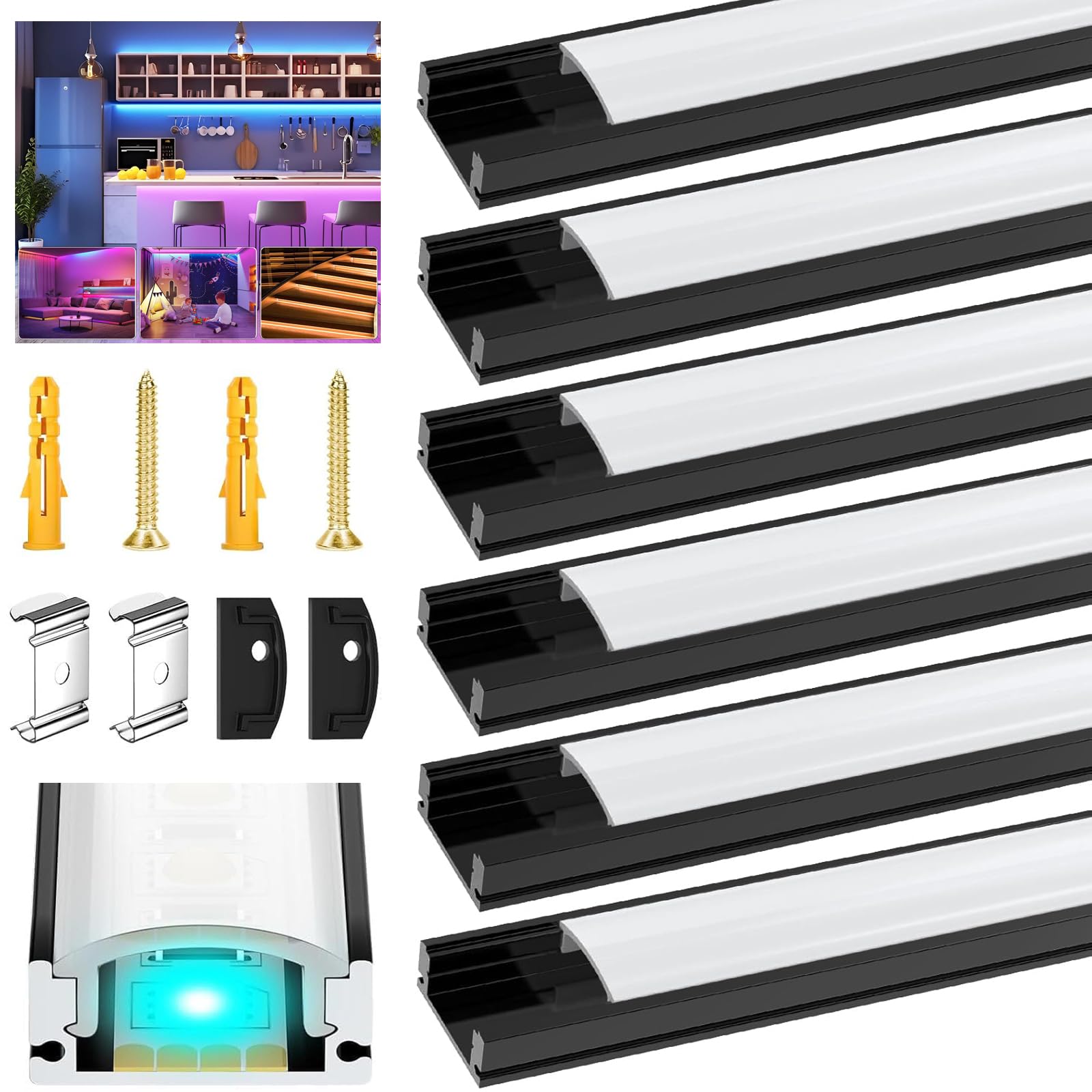 Diffusore Profilo LED per Canalina Striscia LED Confezione da 6 3.3FT/1M Nero Canale in Alluminio a Forma di U con Copertura Bianco Latte, Tappi Terminali e Clip di Montaggio Installazione