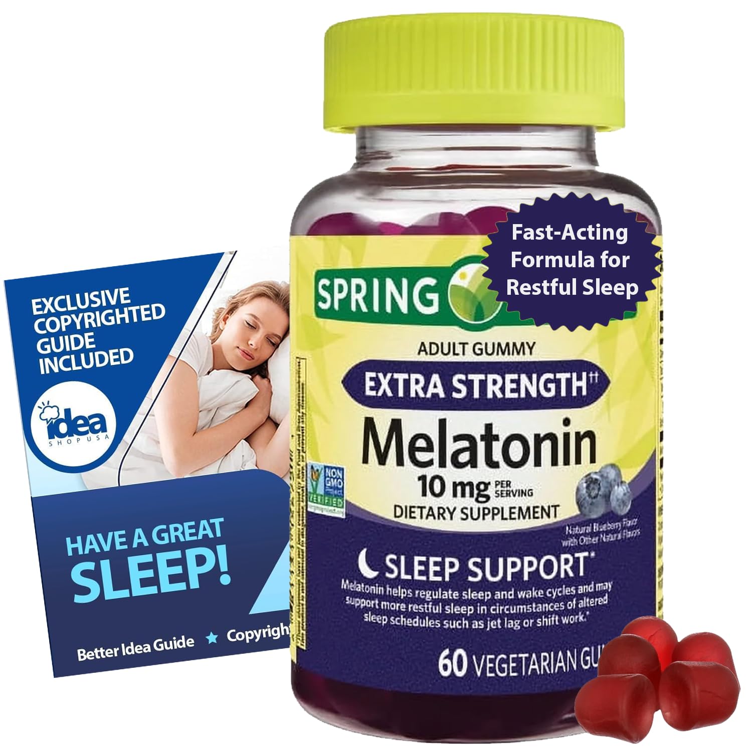 Gummies de Melatonina Extra Forte 10mg 60ct – Suplemento de Apoio ao Sono – Não-OGM, Vegano, Sabor Mirtilo, 60 Contagem – Pacote com Guia Melhor Ideia para Dormir