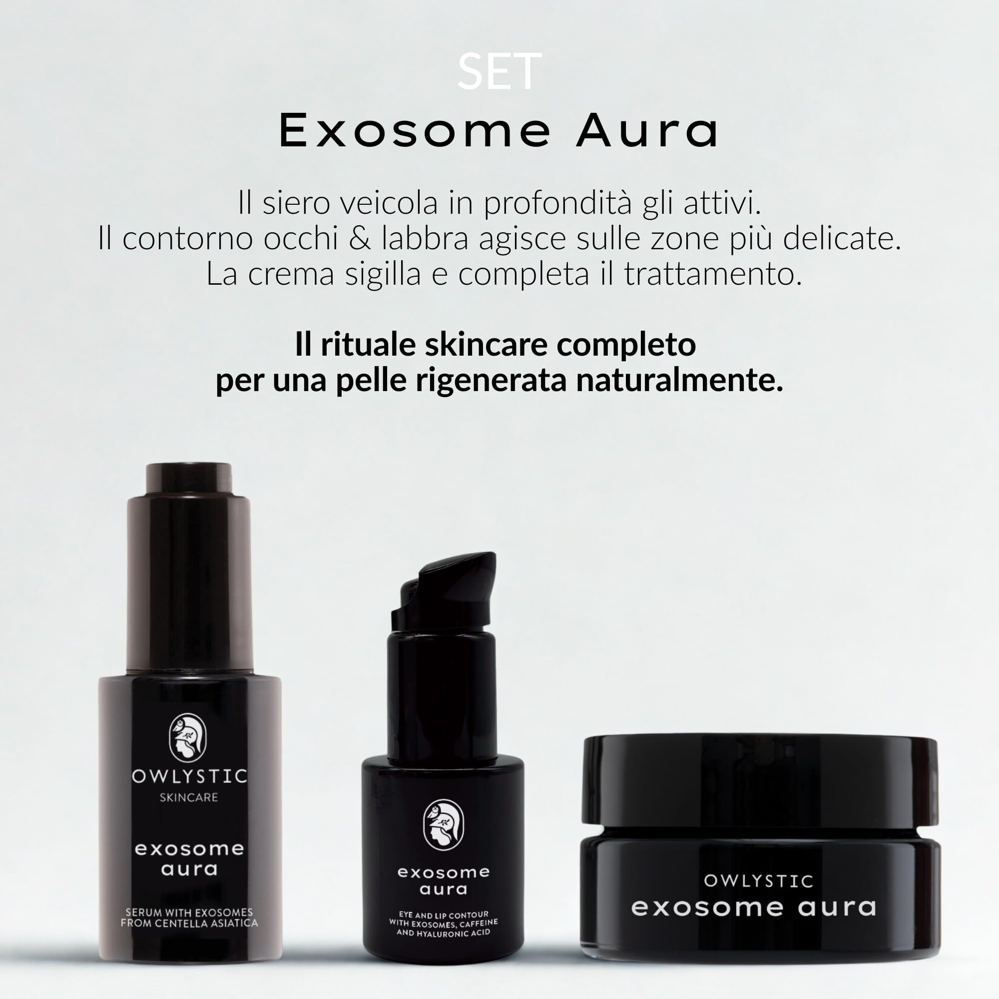 Owlystic Rituale Exosome Aura con Esosomi da Centella Asiatica, Siero + Contorno Occhi e Labbra + Crema, Trattamento Pro-Age Rigenerante, Acido Ialuronico, Tutti i Tipi di Pelle