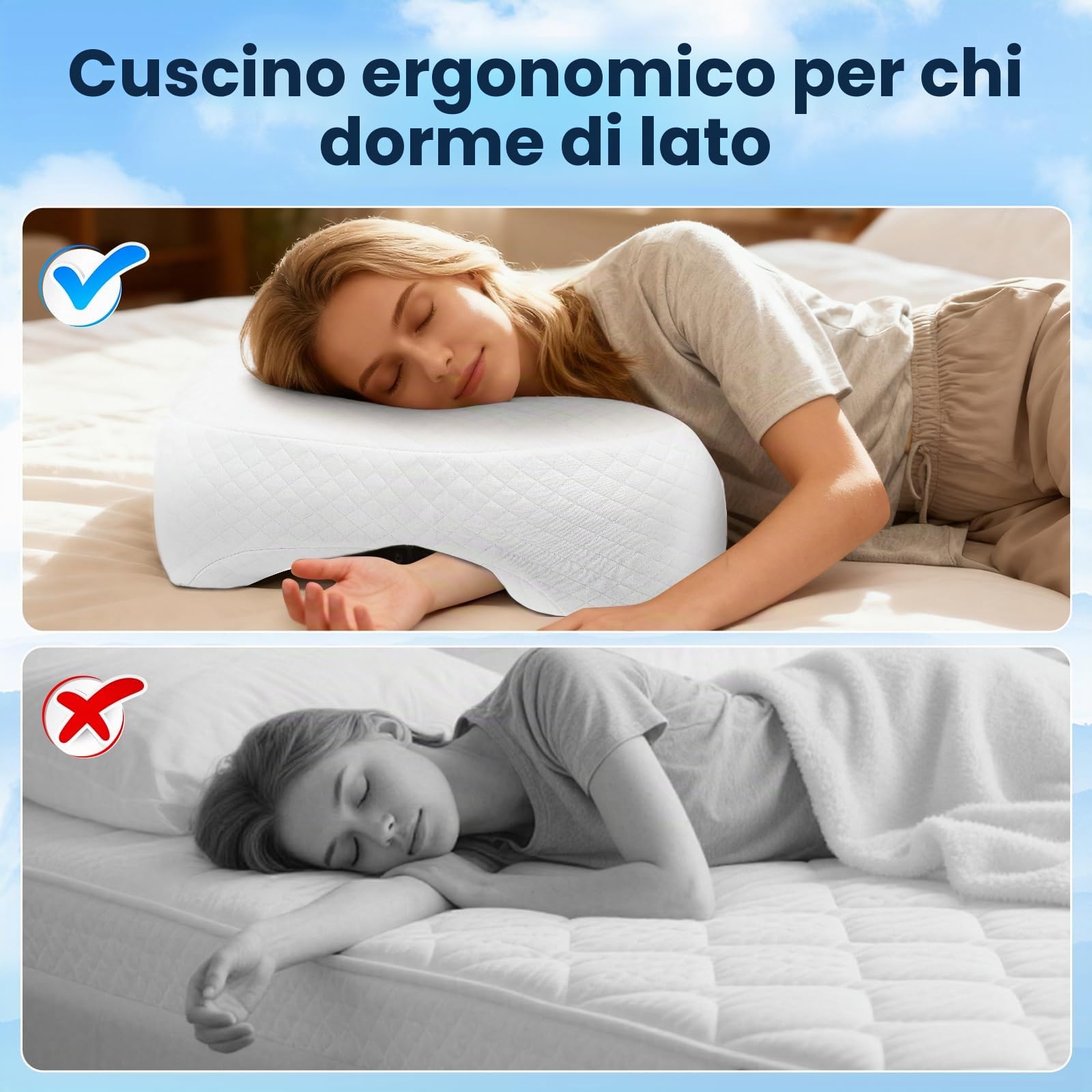 Cuscino Ergonomico per Chi Dorme di Lato con Fori per Braccia, Schiuma ad Alta Densità, 53,3 x 43,2 x 13,7 cm, Supporto per Collo e Spalle