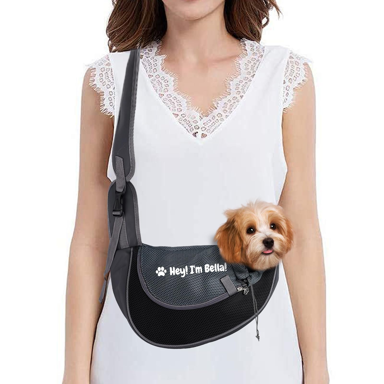 Personalized Dog Carrier Sling with Name Embroidery, Adjustable Pet Carry Bag with Safety Hook & Extra Wide Shoulder Strap, Custom Dog Carrier Pouch for Small Dogs/Cats (Black, S)