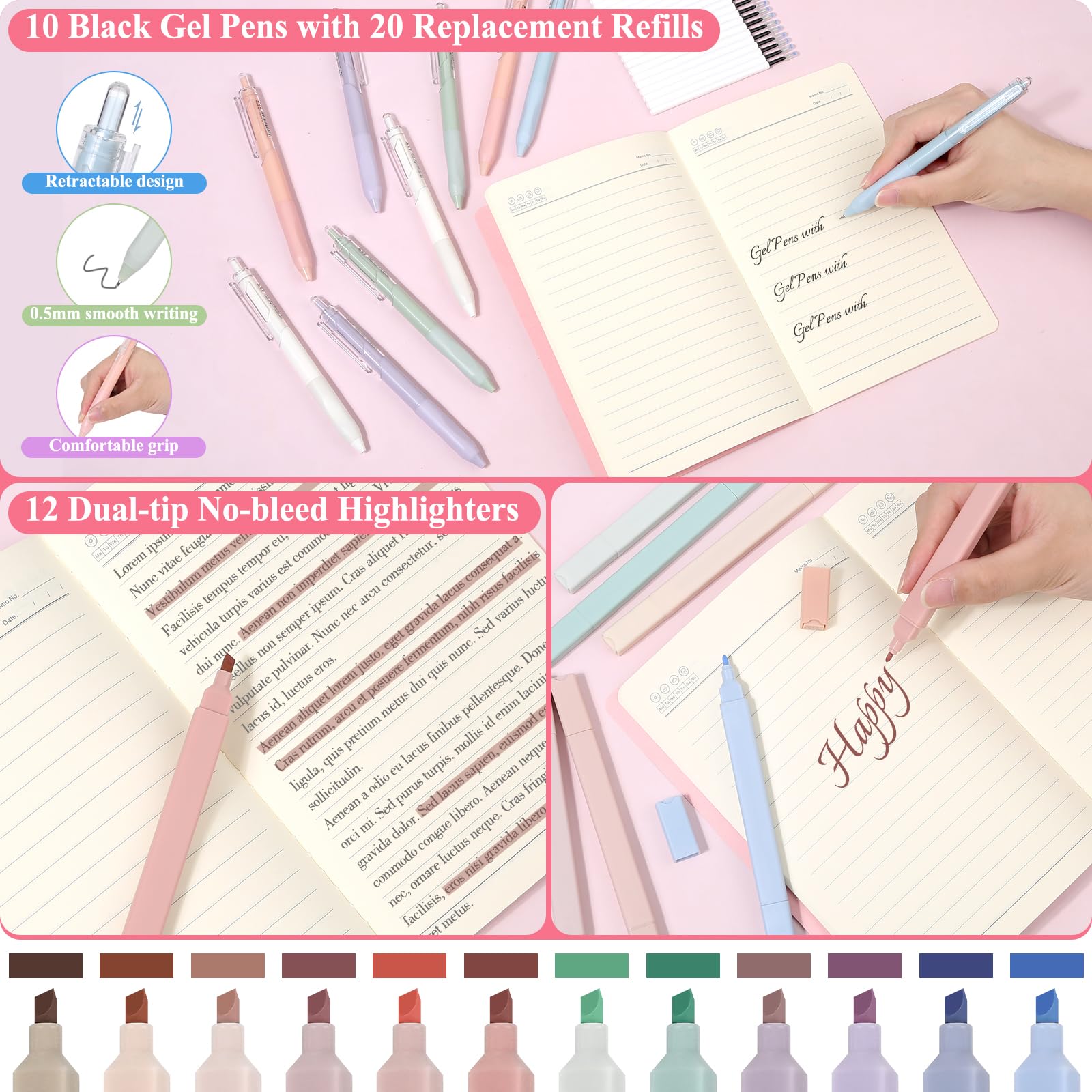 Aesthetic Stationery Supplies with Pink Pencil Case & Notebook, Pastel Highlighters Gel Pens Mechanical Pencils Refills Rulers Rubbers Sticky Notes, Stationery Set for Students School Supplies Office - Image 4
