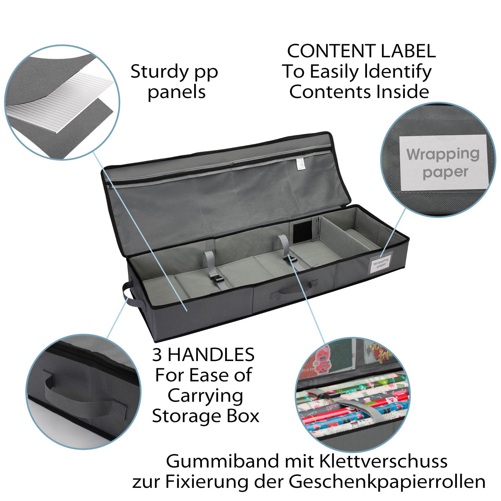 Cong.Lai Geschenkpapier Aufbewahrung: Aufbewahrungstasche für Geschenkpapier - Wasserdichtes 600D Oxford Gewebe - Geschenkpapierrollen Organizer mit Fächern 90x30x12cm Grau (Packung mit 2)