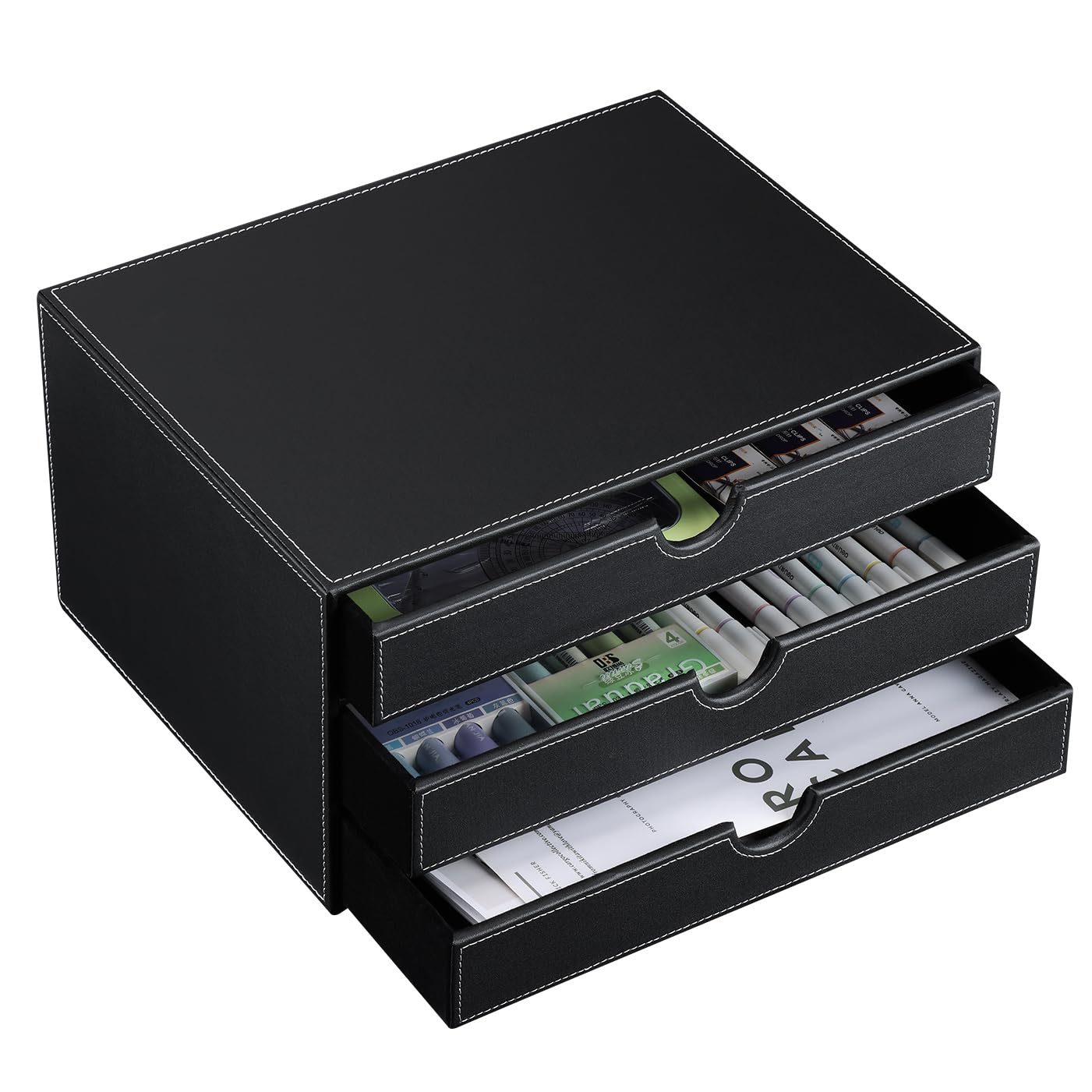 KINGFOM™ Holzstruktur Leder Schubladenbox (Stile C - Schwarz)