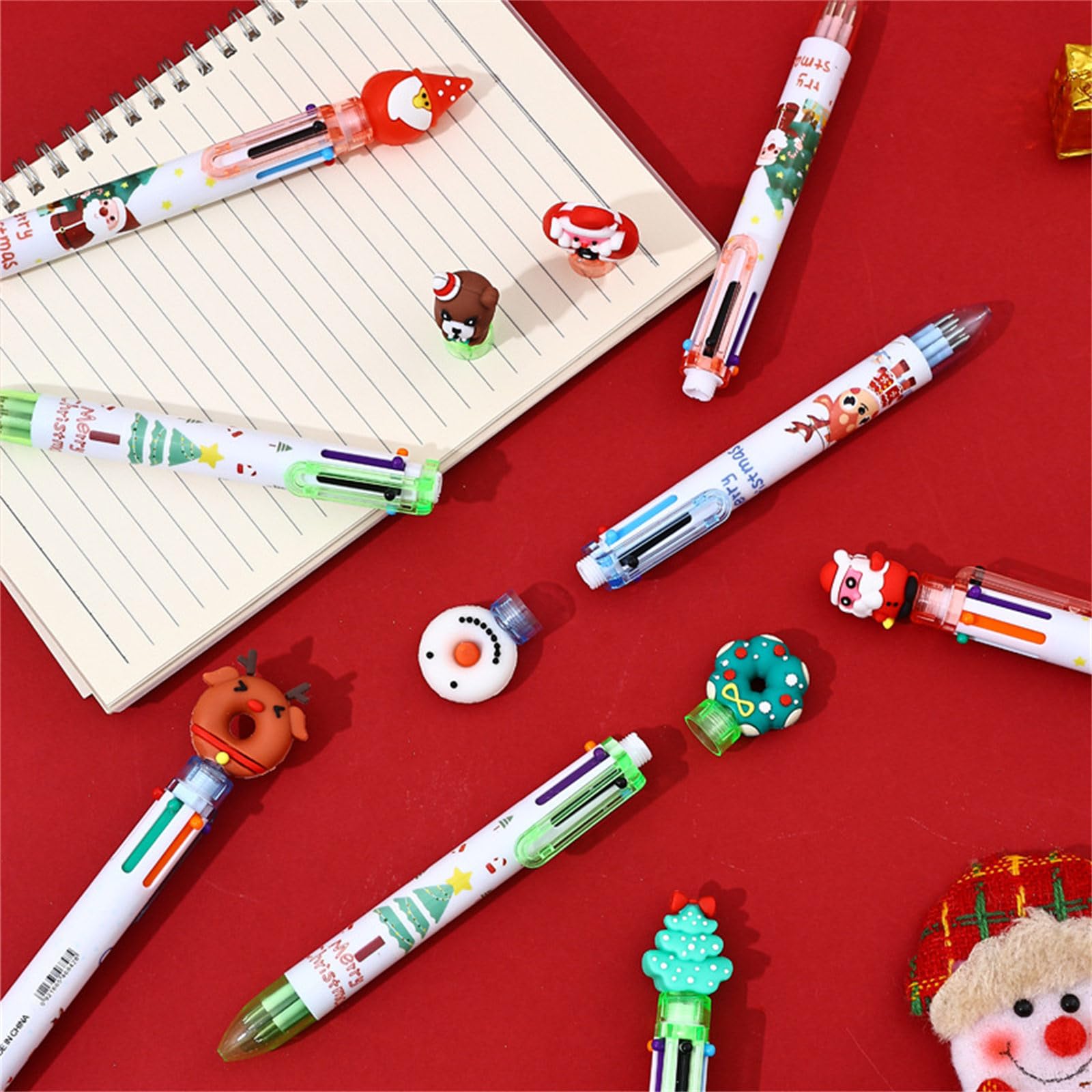 10Pcs Christmas Multicolored Ballpoint Pens 6-in-1 Retractable Ballpoint Pen Snowman Reindeer Christmas Tree Quick Dry Smooth Writing Pen — view 9
