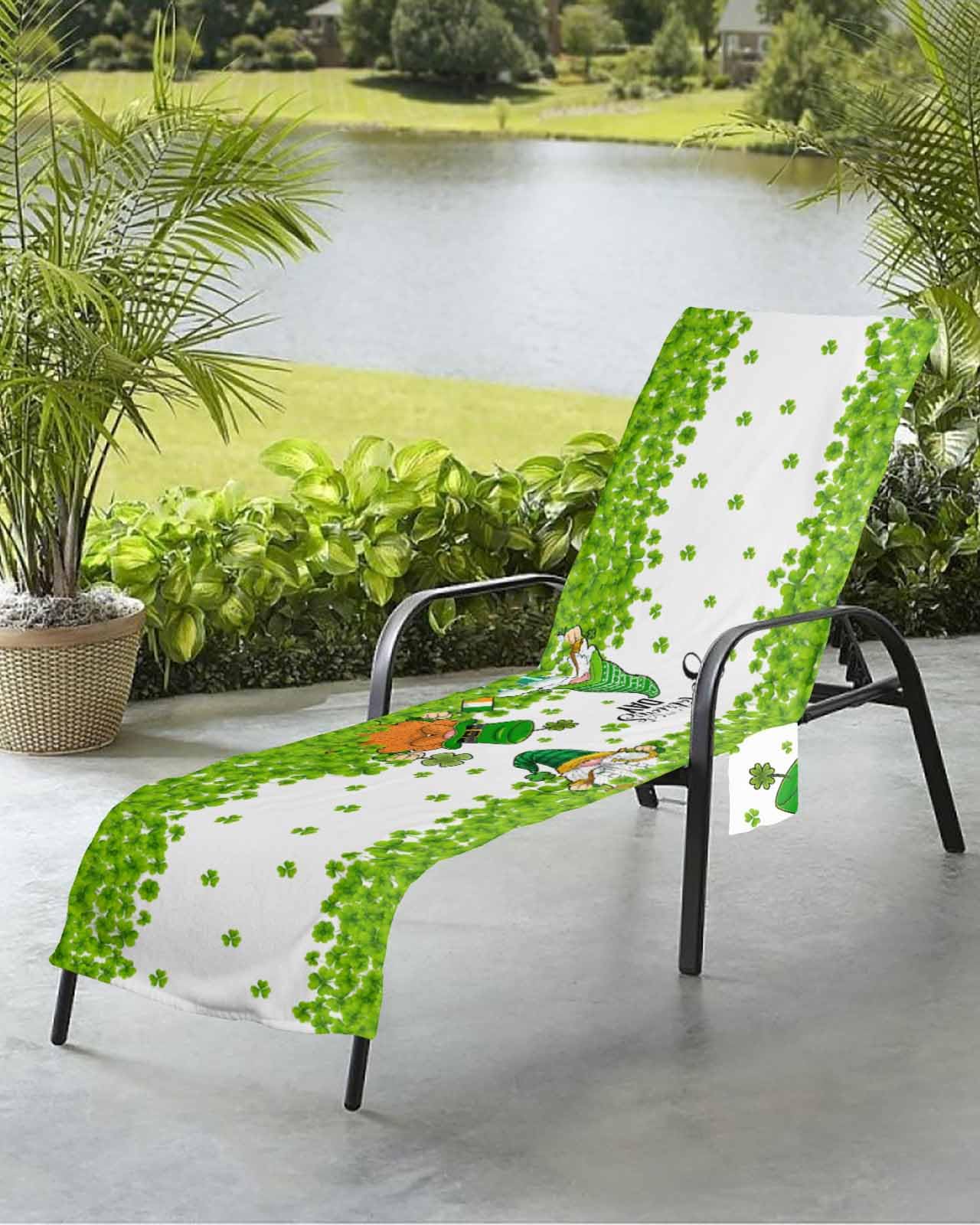 St. Patrick's Day Beach Chair Towel Covers for Chaise Lounge with Side Pocket, Soft Plush Pool Towels Cover for Patio Sunbathing Outdoor 29''x85'' Green Gnomes Watercolor White