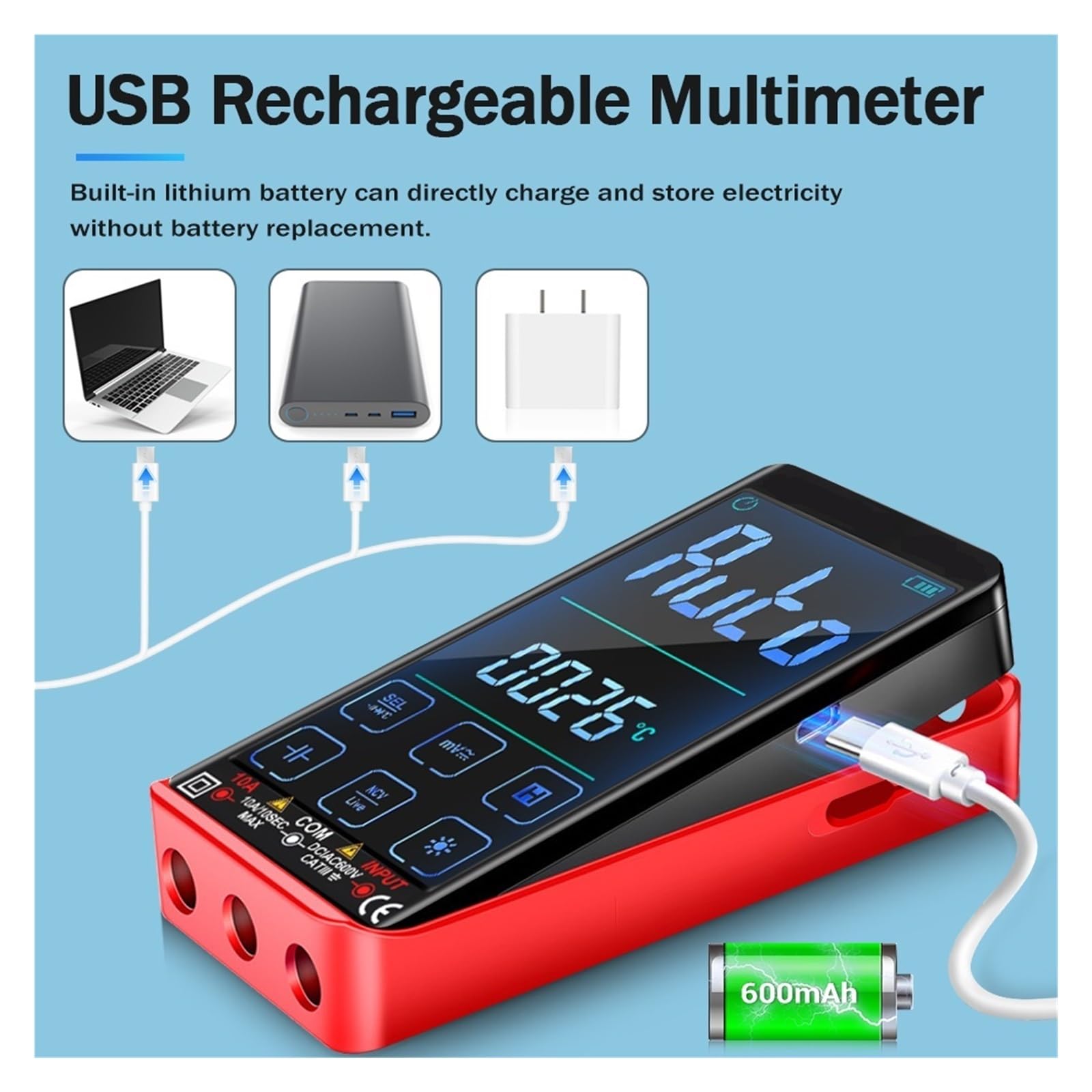 Comprobador MultíMetro Multímetro Táctil Automático Multímetro Digital Inteligente Electricista Profesional Ohm Capacitancia 10A AC DC Multímetro Precisión Seguro(2Pcs Touch Red)
