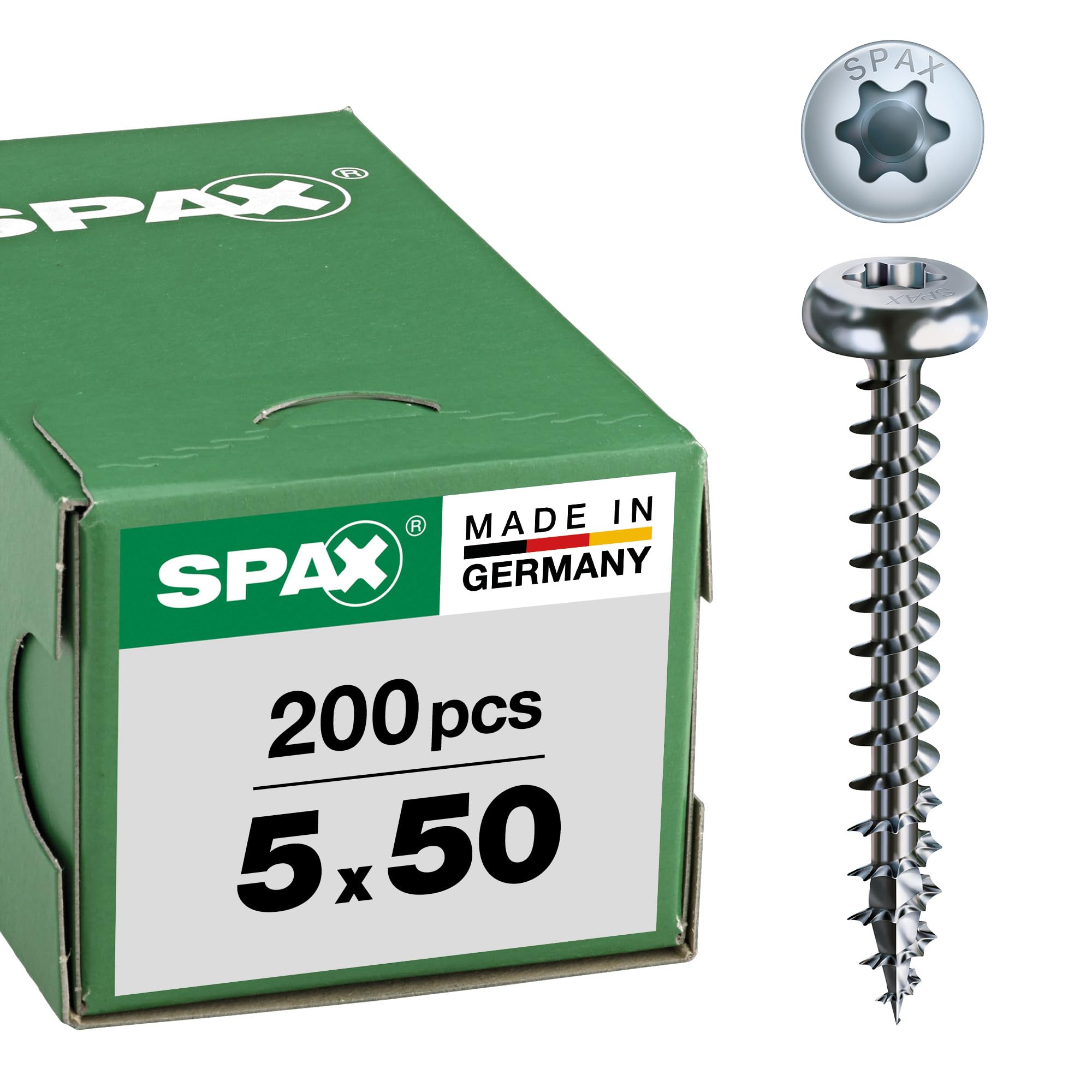 SPAX Universalschraube, 5,0 x 50 mm, 200 Pieces, T-STAR plus, half round head, full thread, 4CUT, WIROX A3J, bright galvanized, 0201010500505