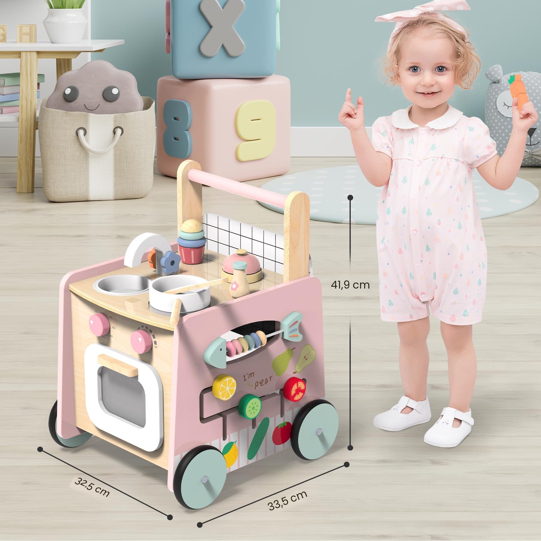 Girello Bambini Legno 9 in 1 Carrello Primi Passi con Giocattoli Montessori Cucina da Gioco, Regalo Natale
