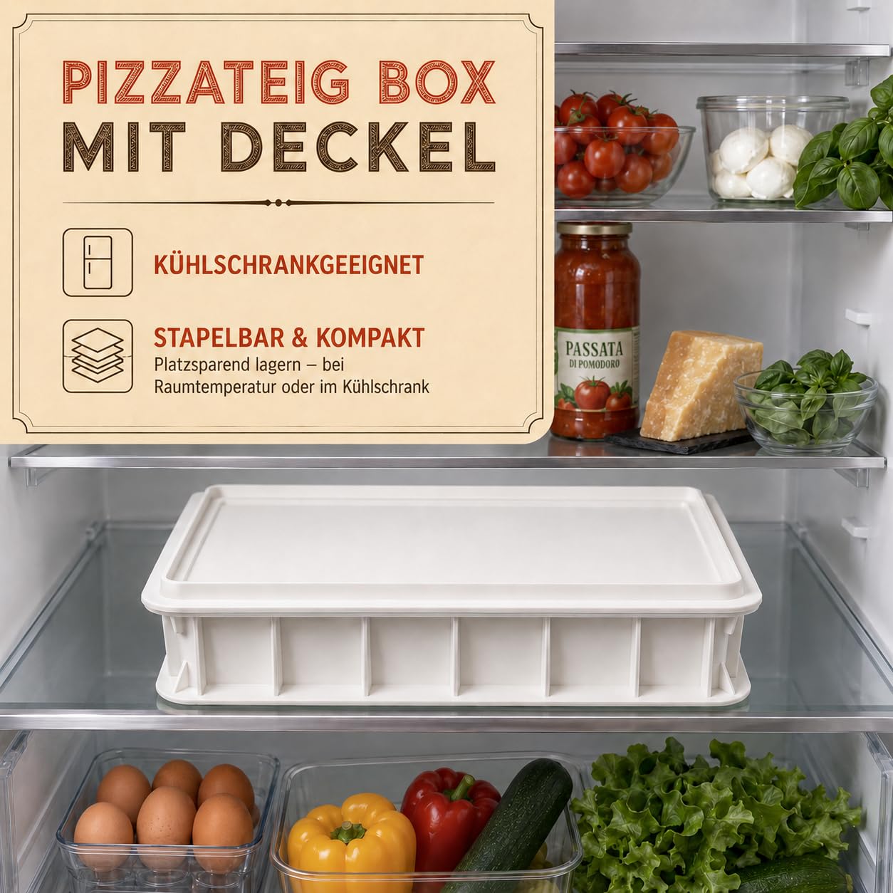 Pizza Lover® Pizzaballenbox mit Deckel – stabile Pizzateigbox 30x40x7,5 cm Gärbox für Pizzateig & Brotteig, stapelbar & lebensmittelecht – ideal für Kühlschrank