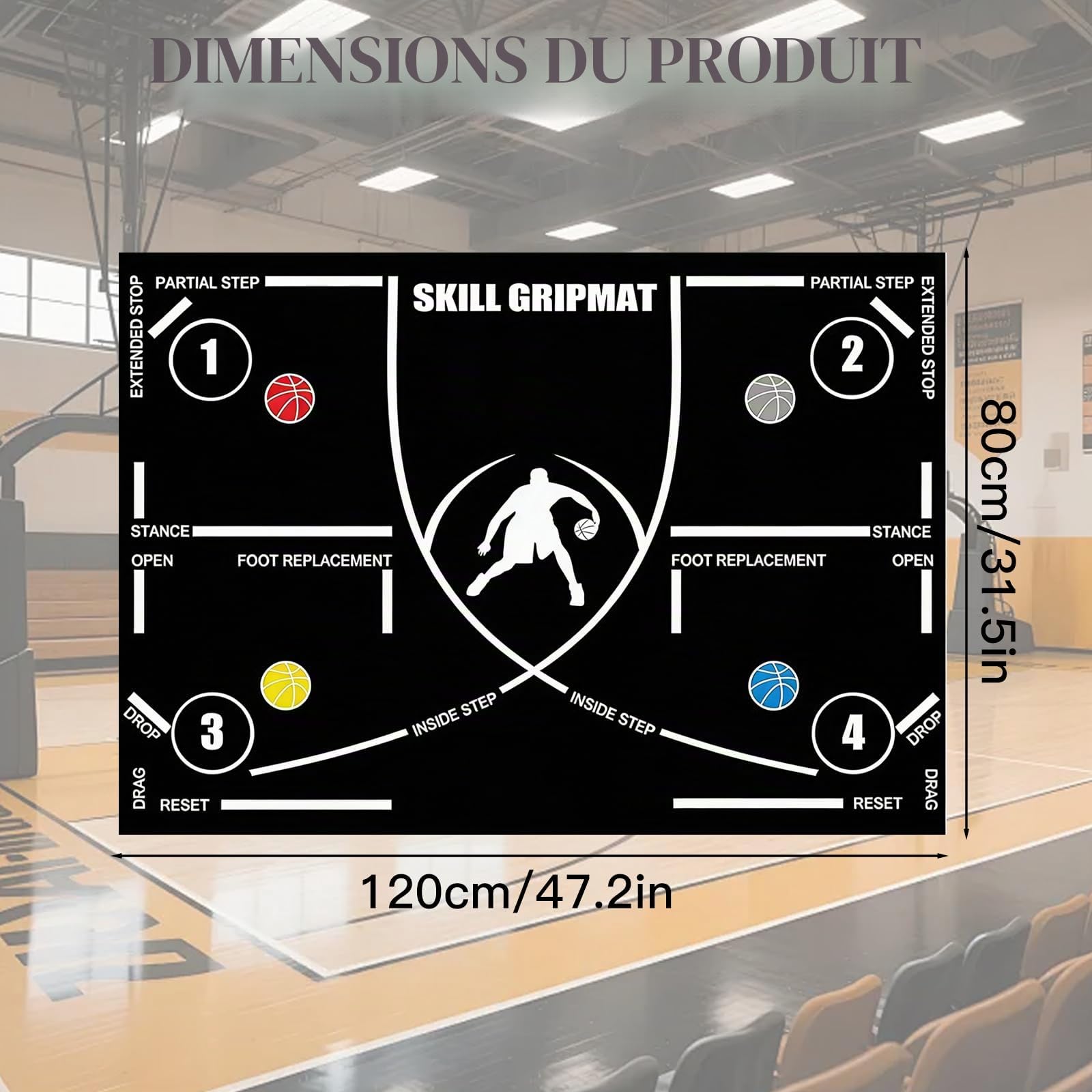Tapis d'entraînement de basket-ball - 120 x 80 cm - Antidérapant - Tapis d'entraînement pour le travail des pieds et le dribbling - Silencieux - Grand format - Pour entraînement au sol de basket-ball