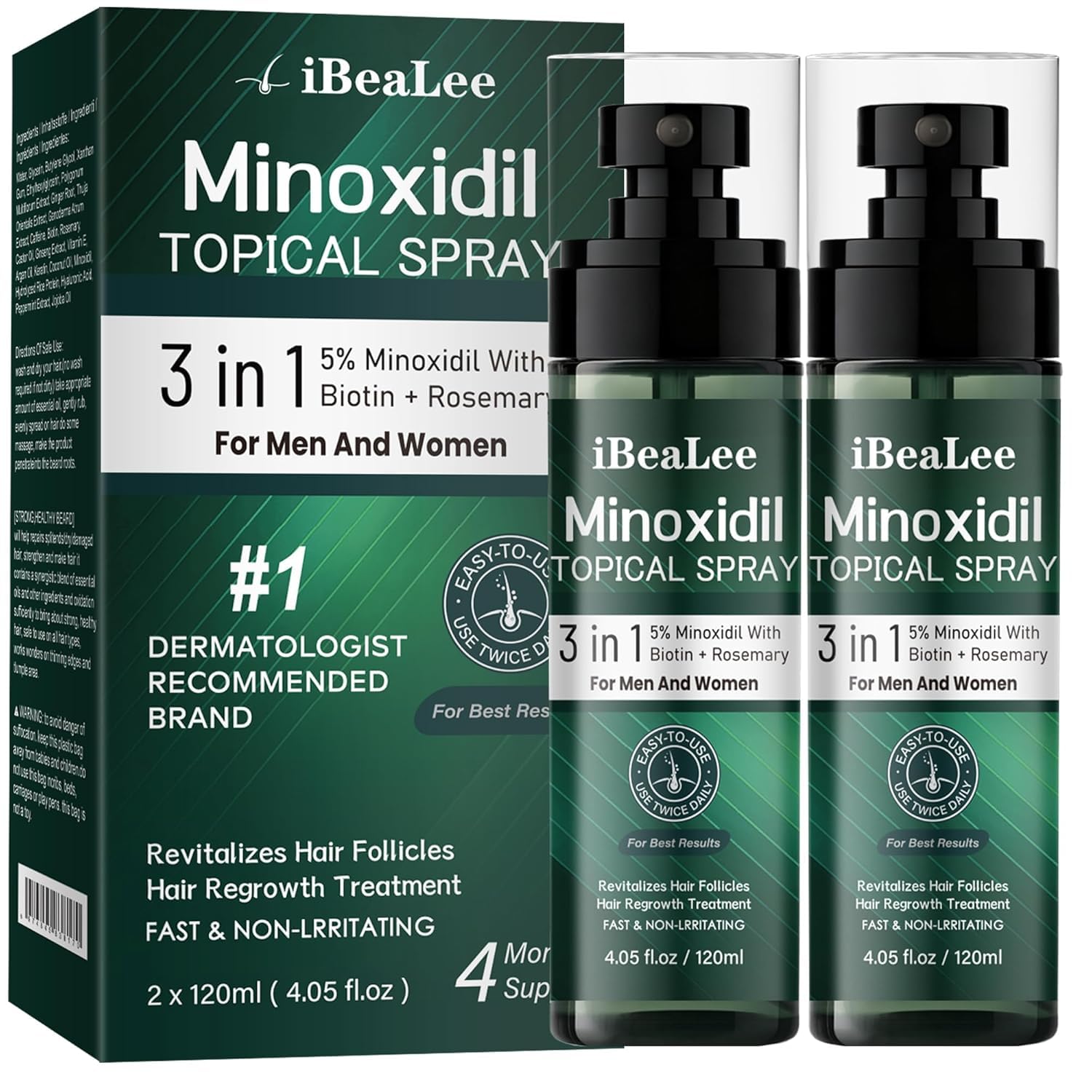 Extra Strength 5% Minoxidil Hair Regrowth Spray for Men & Women, 2 Bottles Green 4.05 Fl Oz (Pack of 2)