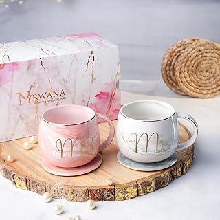 NYRWANA Coffee Mug, Couple Present, Wedding Present for Couples, Marriage Presents for Wedding, Valentine Gift, Mr & Mrs Set of 2 Coffee Mugs, Lids and Beautiful Gift Box (250ml - Ceramic)
