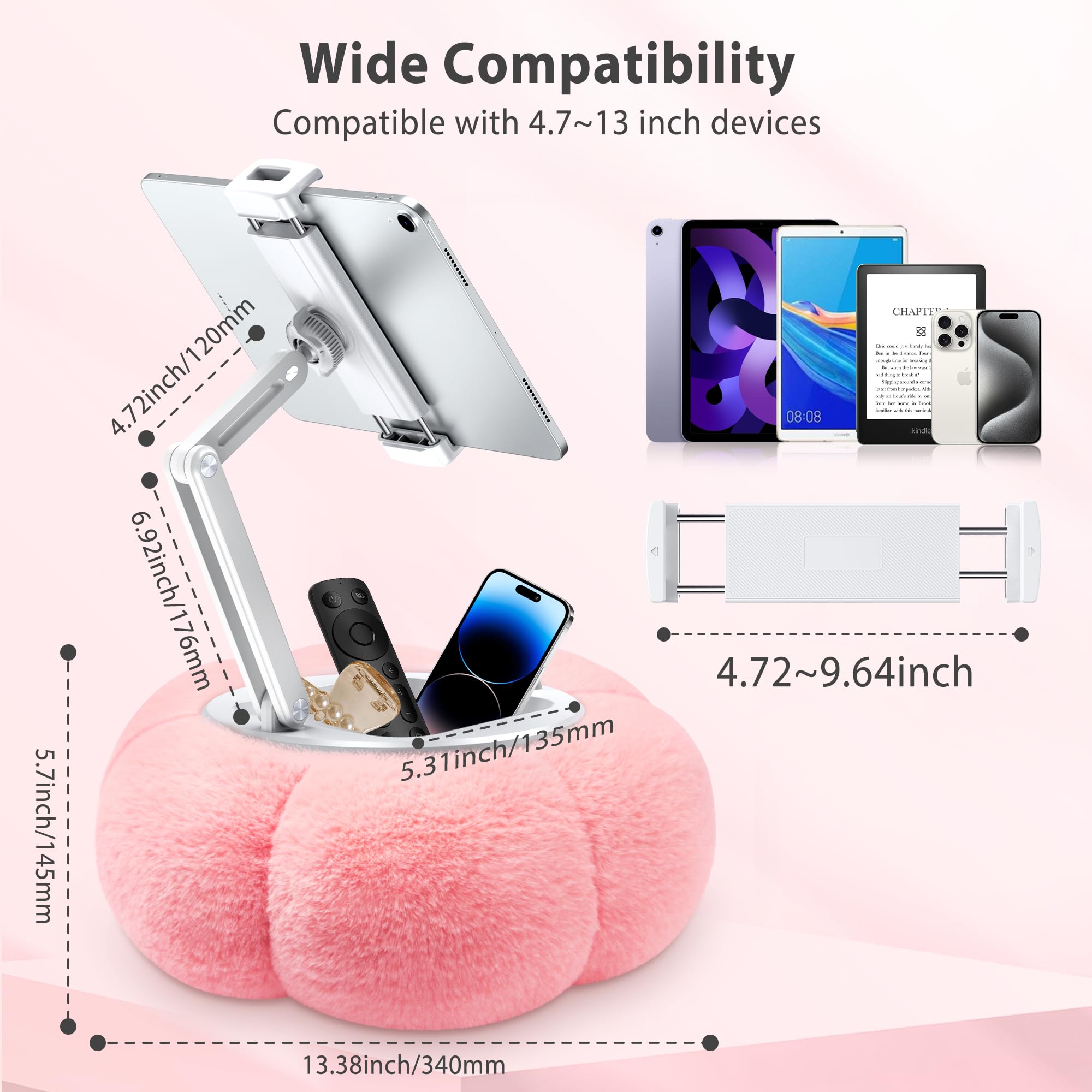 CreaDream Dyniowy uchwyt na poduszkę na tablet Kindle iPad, regulowany stojak na poduszkę na telefon z odpinaną miską na przekąski, kompatybilny z tabletami 11.9 cm-33.0 cm, iPad, iPhone, Samsung Tabs