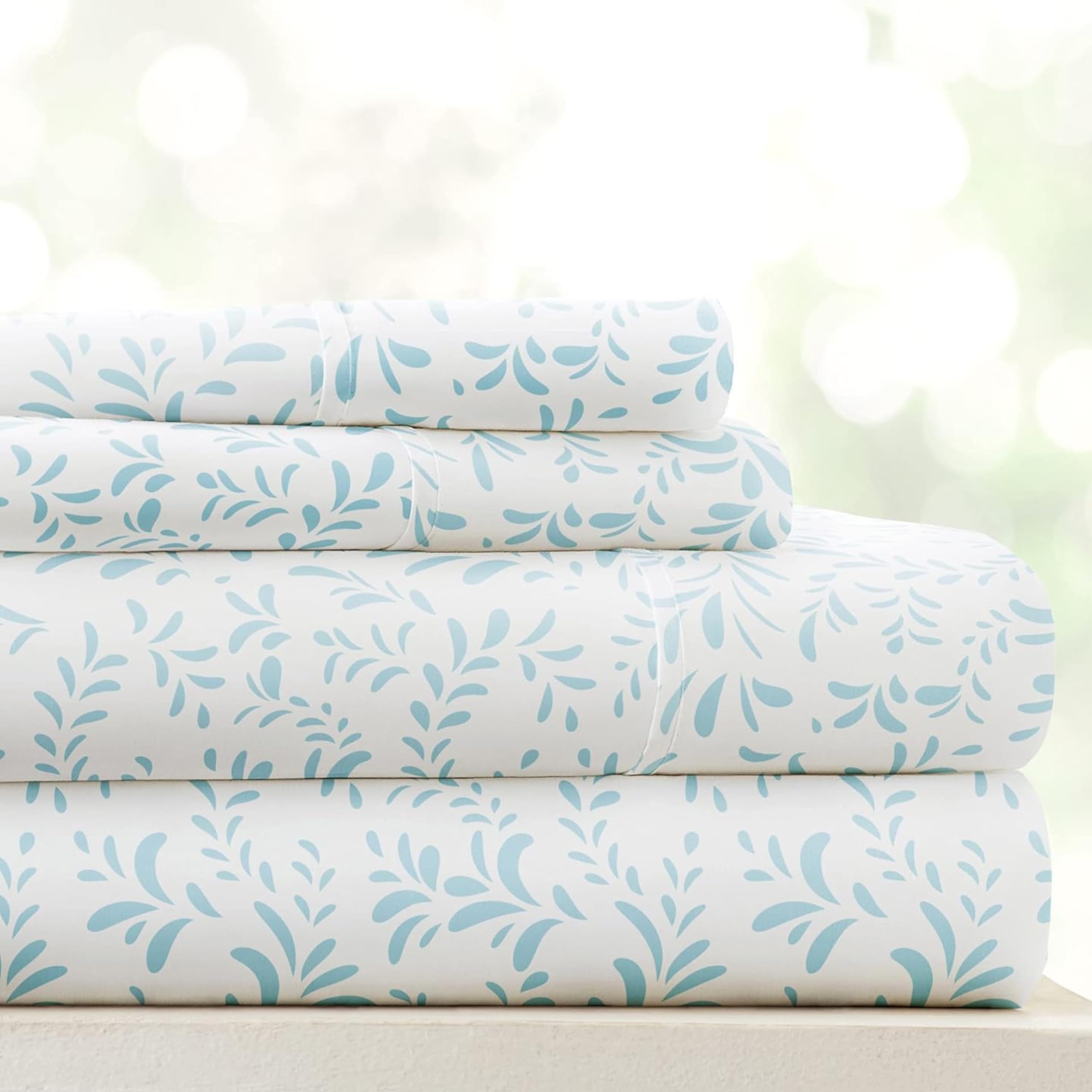 4 Piece King Sheet Set - Breathable, Double-Brushed Patterned Cooling Sheets – Oeko-TEX Certified Ultra Soft & Wrinkle-Free 16" Deep-Pocket King Sheets - Easy Care Burst of Vines Blue