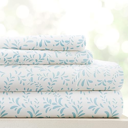 Linen Market Juego de sábanas de tamaño Queen de 4 piezas (vides, color azul claro), ultrasuaves y refrescantes, esquinas tipo bolsillos profundos