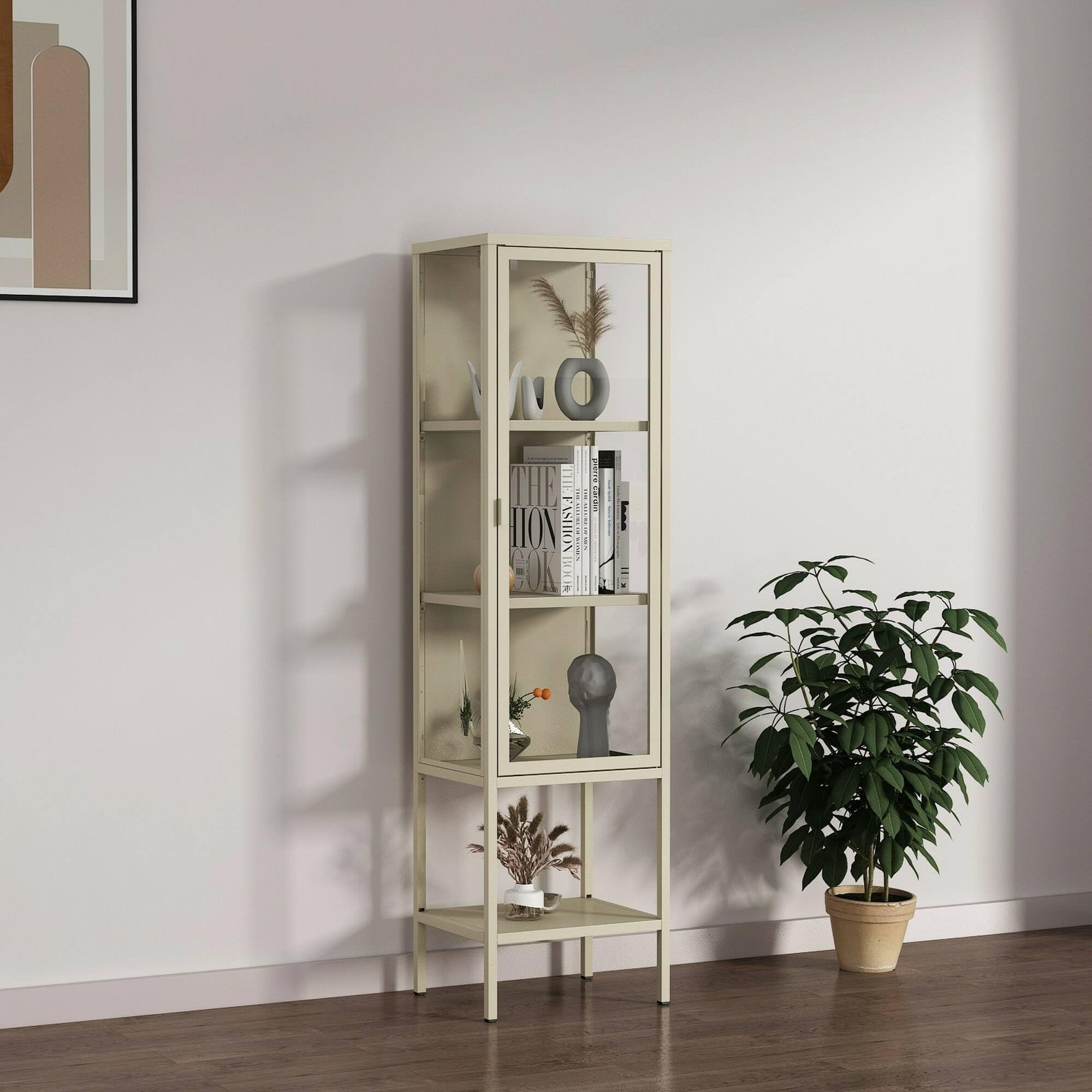 Dmora Vitrine Pflaume 42x35x160h cm Weiß 3 Böden 4 Fächer, 1 Tür