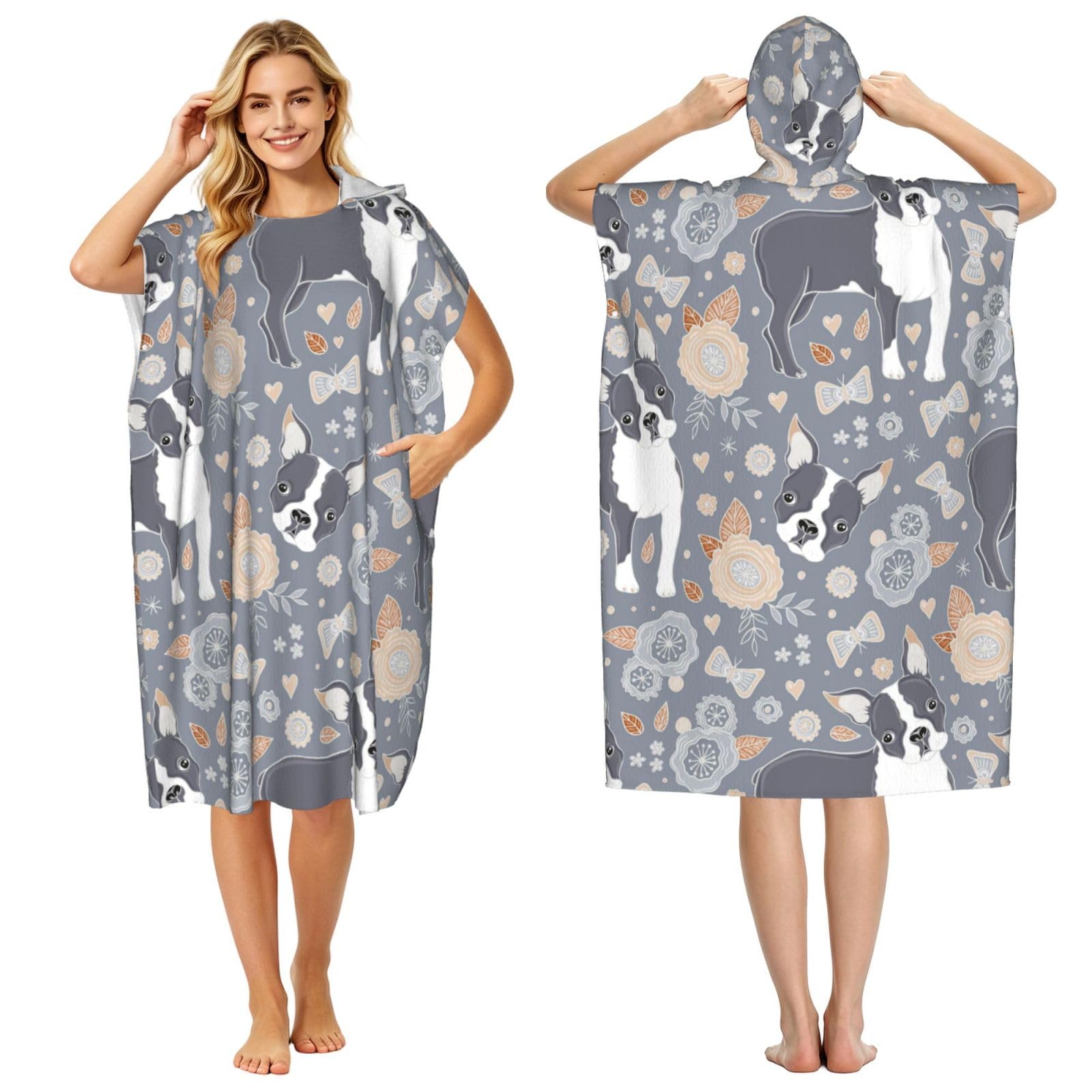 Poadnly Boston Terrier Beautiful Flowers, Adult Hooded Beach Towel 90 x 110 cm,Changing Bath Robe, Surf Poncho Towel For Women Men