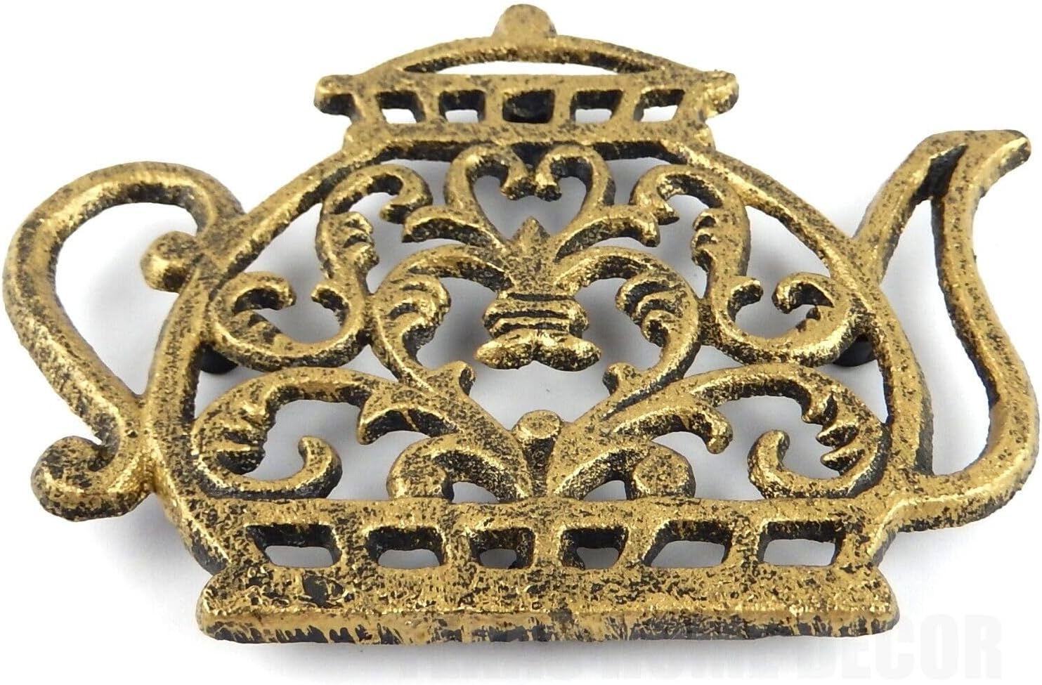 Vintage Teapot Kettle Trivet Hot Pot Plate Holder Floral Rustic Antique Gold Cast Iron