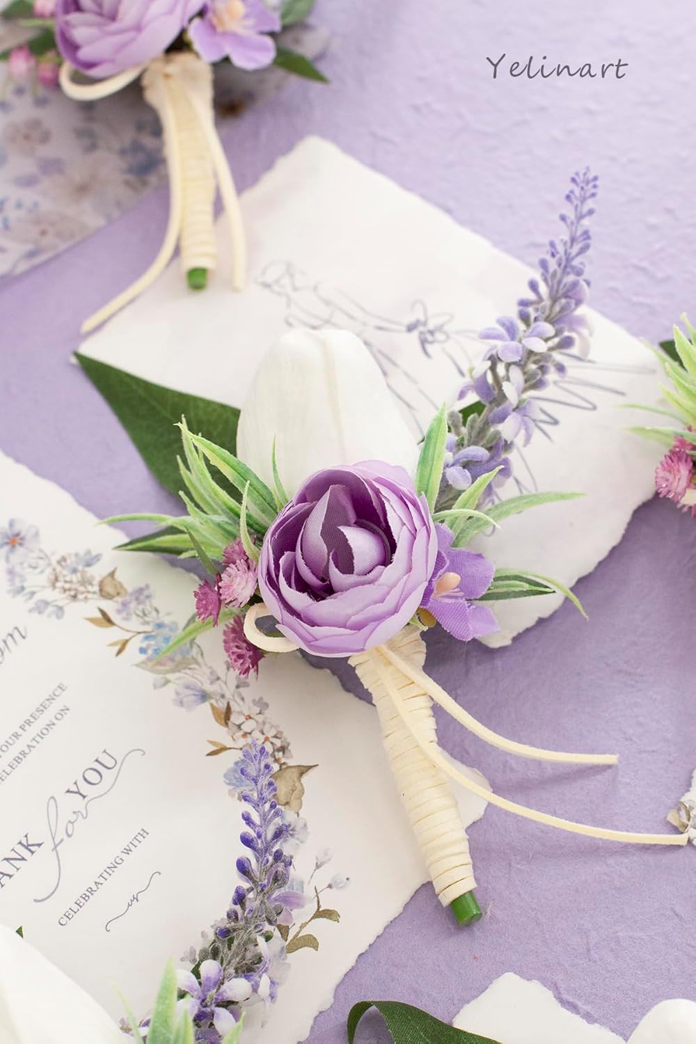 Set of 6 Lilac Purple & White Boutonniere for Men Wedding Groom Groomsmen Artificial Tulip Lavender Rose Flowers Boutonniere for Prom Homecoming Ceremony Anniversary Formal Dinner Party
