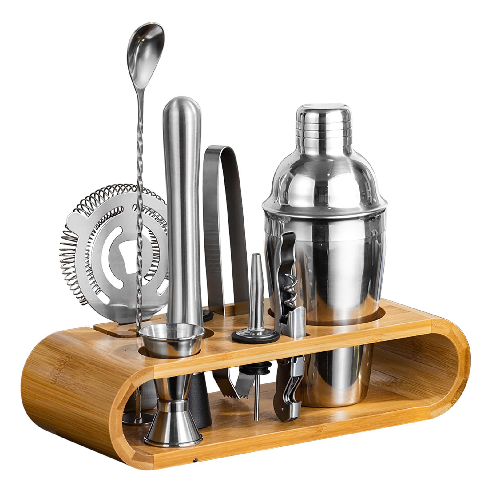 Kit de 9 piezas para camarero con soporte de bambú: juego de coctelera para el hogar y bar para accesorios de camarero (S)