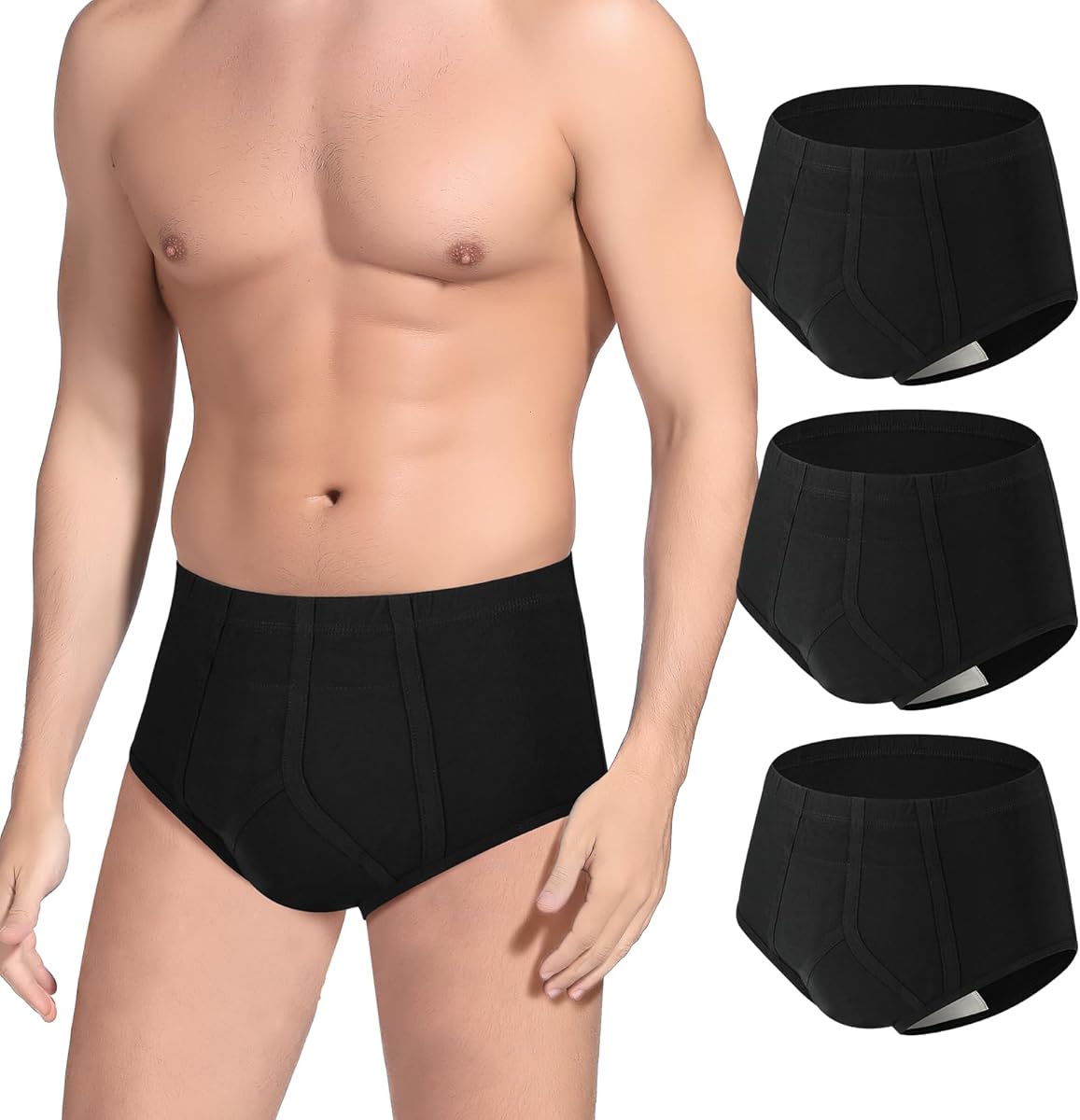 PADRAM Incontinence Underwear Men 3 Pack Washable Urinary Briefs w/ Front Absorbent Area Mens Incontinence Brief Leakproof Urinary Incontinence Brief Reusable Urinary Incontinence Underwear(Black，XL)