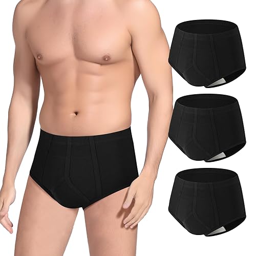 Incontinence Underwear for Men 3 Pack Washable Mens Incontinence Briefs with Front Absorbent Area Leak Proof Underwear for Men Reusable Urinary Incontinence Underwear (Black, 2XL) - Black-3pcs - XX-Large