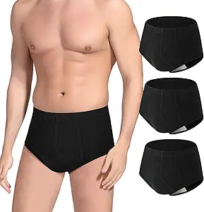 PADRAM Incontinence Underwear Men 3 Pack Washable Urinary Briefs w/ Front Absorbent Area Mens Incontinence Brief Leakproof Urinary Incontinence Brief Reusable Urinary Incontinence Underwear(Black，XL)